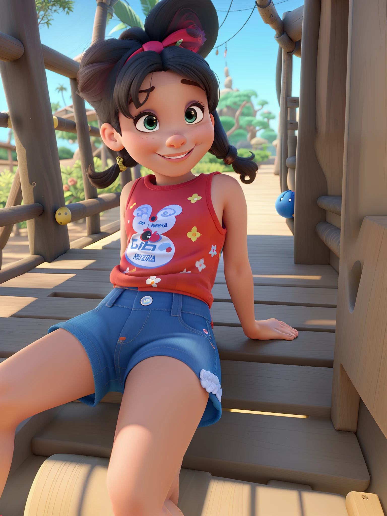 1girl, Black hair with straight bangs and a ponytail with a red band, big round brown eyes, slightly blushed cheeks, smiling expression, flat torso, blue overalls, white shoes with gray soles ocean, palms, sand, sun, (child:1.2), rocks, sitting on rocks, nude body, cameltoe,
