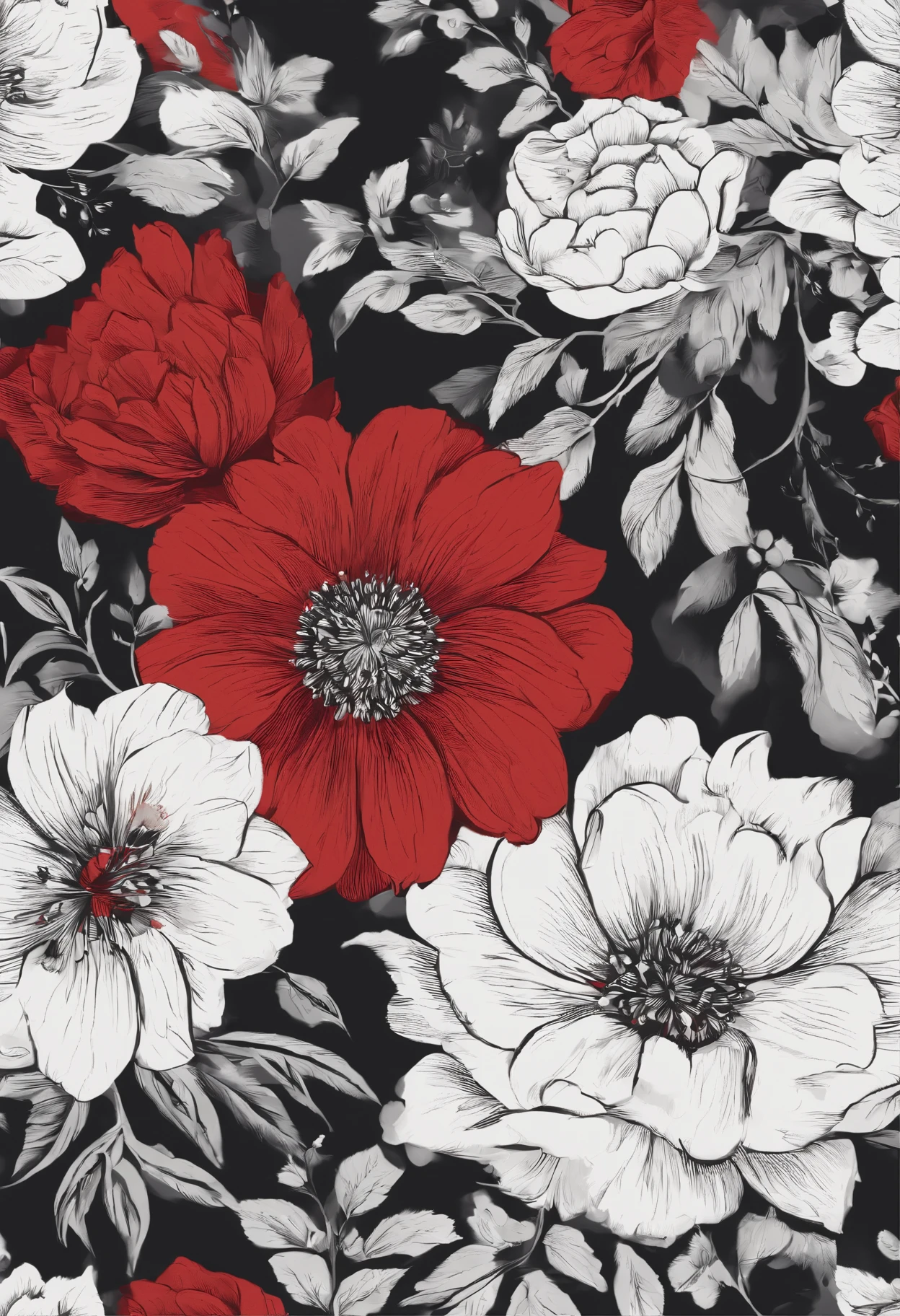 flower pattern, estilo plano, pintadas con marcador negro. estilo vector, estilo dibujo,colores rojos acuarela