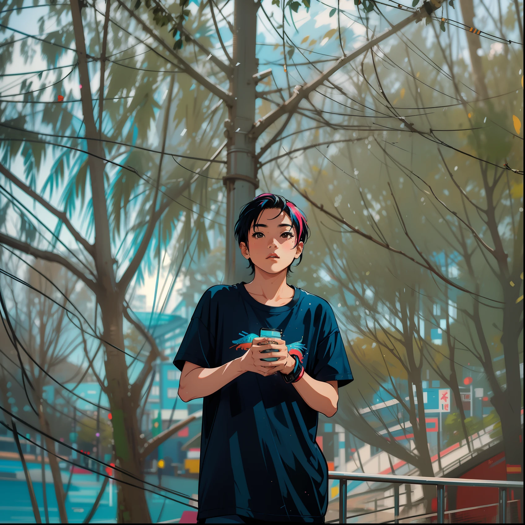 Create digital artwork in Pop Art style, Featuring a vibrant and confident young Asian ager,street fashion, Movie color scheme, Surrounded by a retro fish motif, Vibrant brushstrokes,Emotions should be dynamic, Upper body, Drawing, illustration, escala cinza, beachside, Many seagulls,