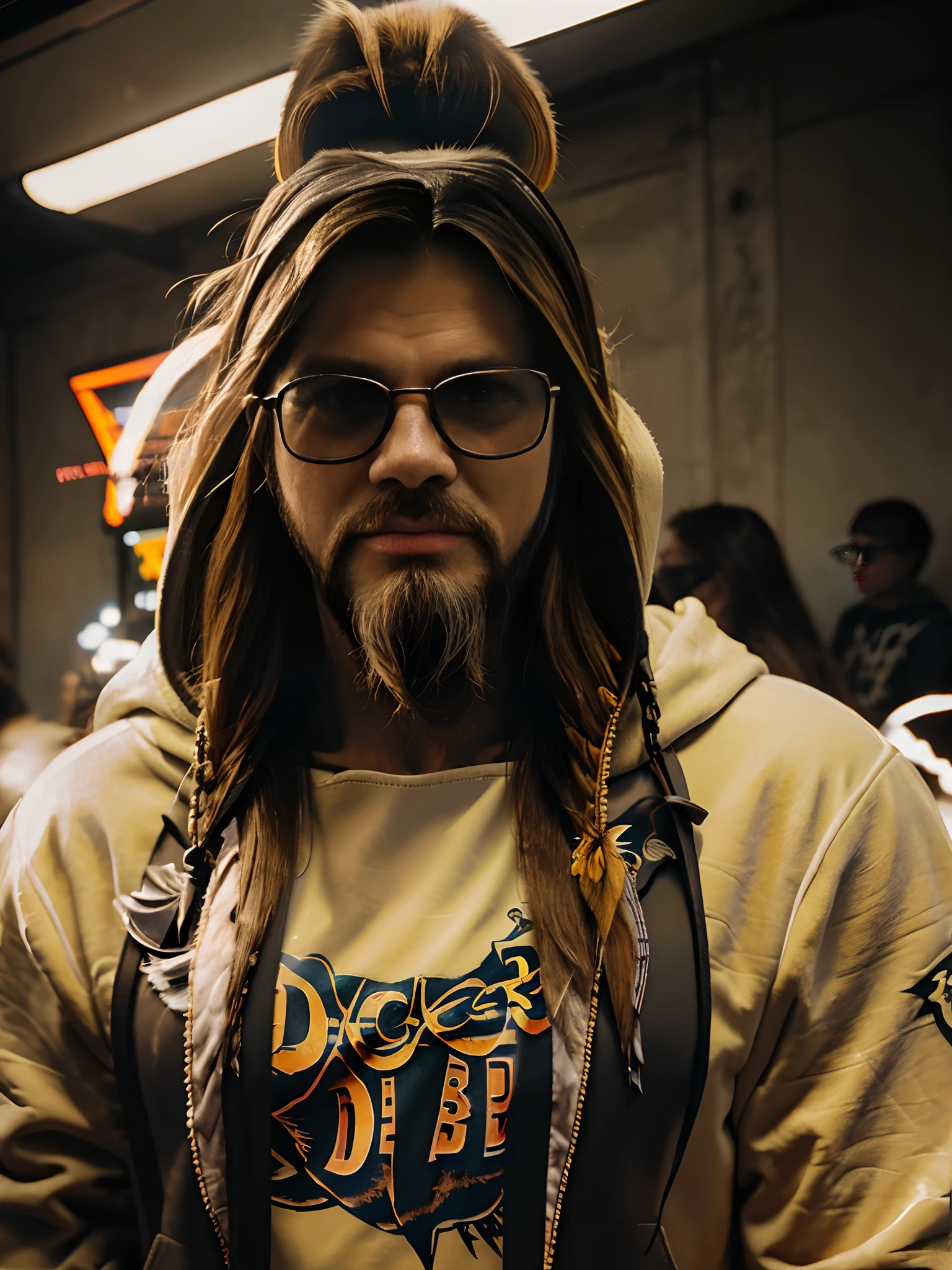 Centered, isometric, Watercolor, Vector-realism, t-shirt art., “A middle aged disconcerting man (Jeff Bridges 0.2), (Mel Gibson 0.3), (Joe Manganiello 0.4), (Jared Leto 0.1), in a cyberpunk 2077-themed illustration of an unstable middle-aged man looking creepy with (((((long hair))))) and a (((((long Ducktail Beard))))). He wears a (((hoodie))) & leers through a pair of classic (((Ray-Ban Wayfarer glasses))). The illustration is eerie that leaves viewers uneasy., Mixed media grunge art using watercolor & ink., inkpunk, (ink lines:1.1), strong outlines., the image portrays depth and perspective with its isometric style. Portrait, 85mm, The high-quality artwork vividly captures the futuristic stylings of cyberpunk 2077, making the sketch unnerving. In the style of watercolors by Stan Miller, Liu Yunsheng, Gottfried Helnwein, Mekhz.
