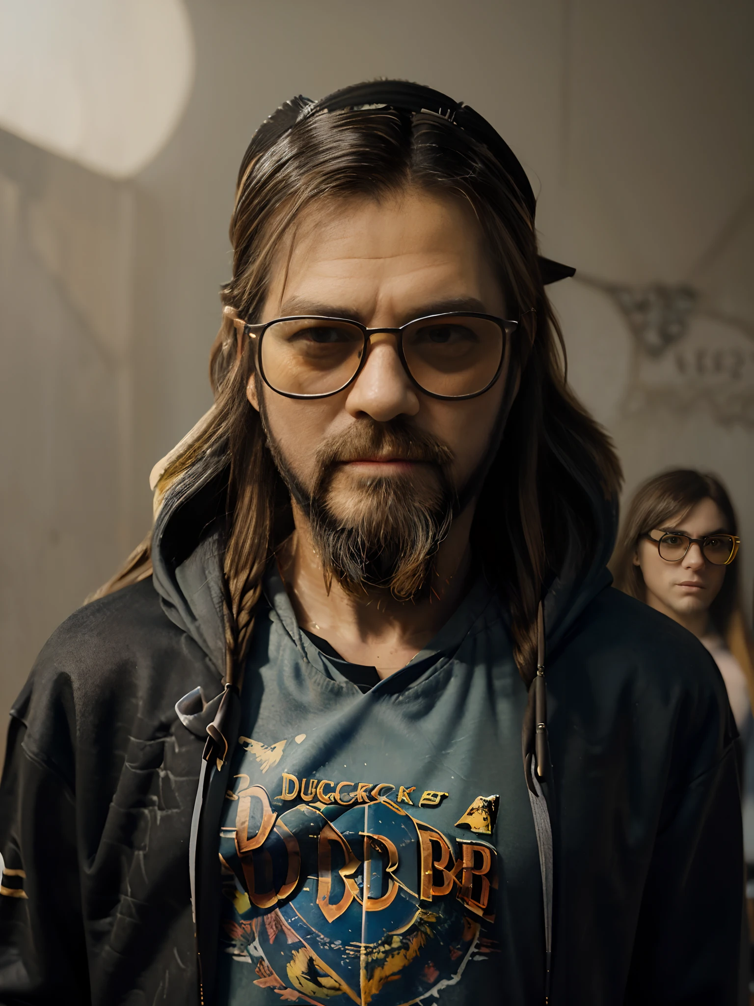 Centered, isometric, Watercolor, Vector-realism, t-shirt art., “A middle aged disconcerting man (Jeff Bridges 0.2), (Mel Gibson 0.3), (Joe Manganiello 0.4), (Jared Leto 0.1), in a cyberpunk 2077-themed illustration of an unstable middle-aged man looking creepy with (((((long hair))))) and a (((((long Ducktail Beard))))). He wears a (((hoodie))) & leers through a pair of classic (((Ray-Ban Wayfarer glasses))). The illustration is eerie that leaves viewers uneasy., Mixed media grunge art using watercolor & ink., inkpunk, (ink lines:1.1), strong outlines., the image portrays depth and perspective with its isometric style. Portrait, 85mm, The high-quality artwork vividly captures the futuristic stylings of cyberpunk 2077, making the sketch unnerving. In the style of watercolors by Stan Miller, Liu Yunsheng, Gottfried Helnwein, Mekhz.