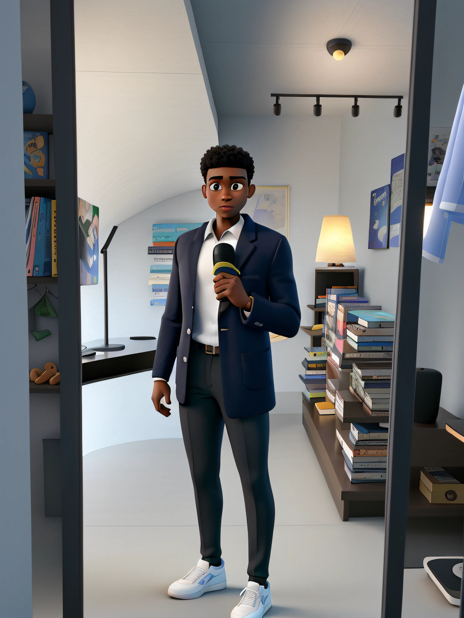 A black man athletic body wearing Disney pixar style blazer, alta qualidade, melhor qualidade, illuminated by the light of a lamp, contra o pano de fundo de uma biblioteca