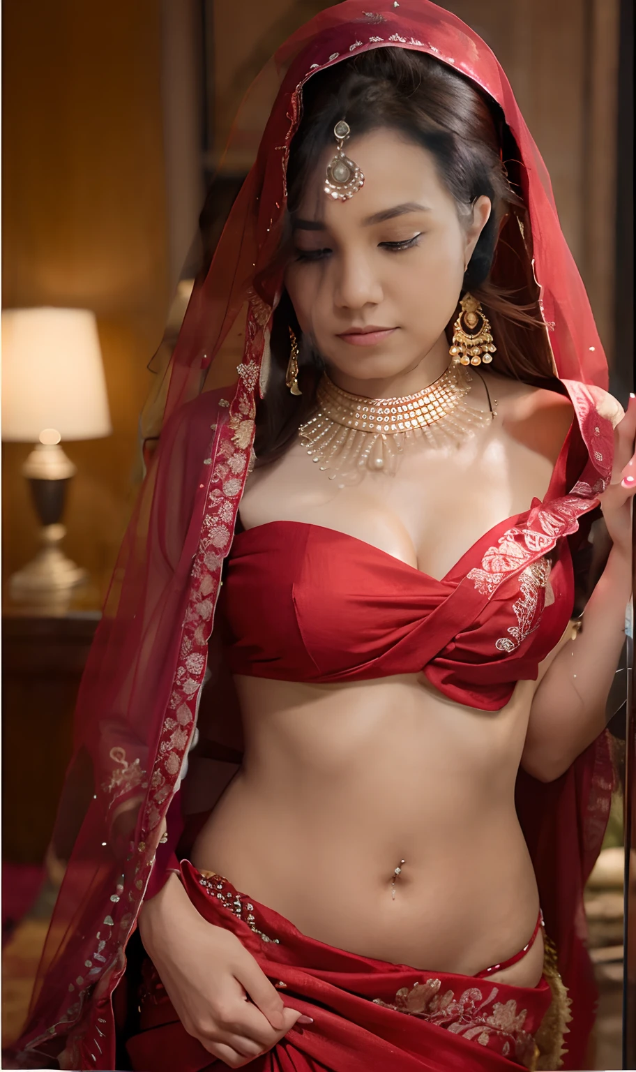 Gorgeous bride tranparent red sare duptta jewellery