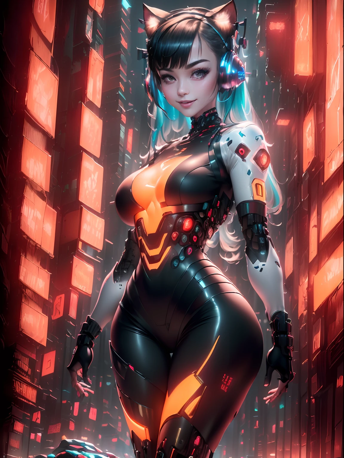 (RAW photo, best quality, masterpiece:1.2), (realistic, photo-realistic:1.4),(masterpiece:1.4),(best quality:1.4), ((smiling cute cyberpunk catgirl)), ((slender body, big breasts)), ((fringe and bangs twin pigails hairstyle)), wearing cybernetic gadgets, ((standing in Cyberpunk city streets)), ((dynamic pose)), cowboy shot, hair intakes, glowing neon accents, (((thigh gap))), thighs, multicolor hair.