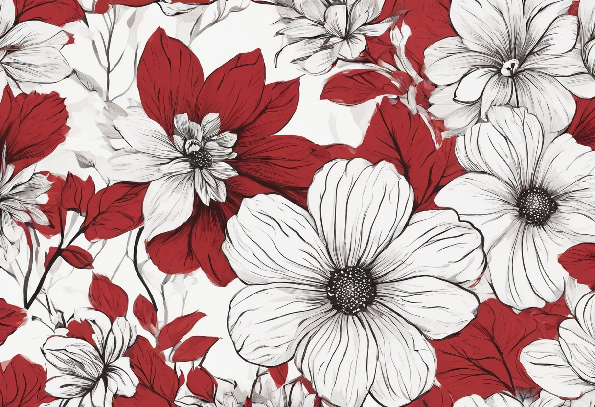 flower pattern, estilo plano, pintadas con marcador negro. estilo vector, estilo dibujo acuarela ,solo color rojo acuarela