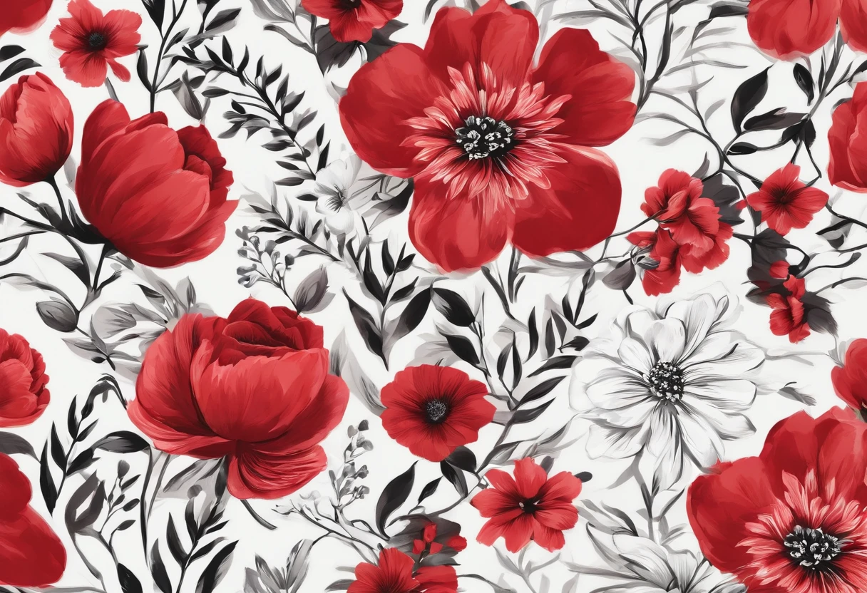 flower pattern, estilo plano, pintadas con marcador negro. estilo vector, estilo dibujo acuarela ,solo color rojo acuarela
