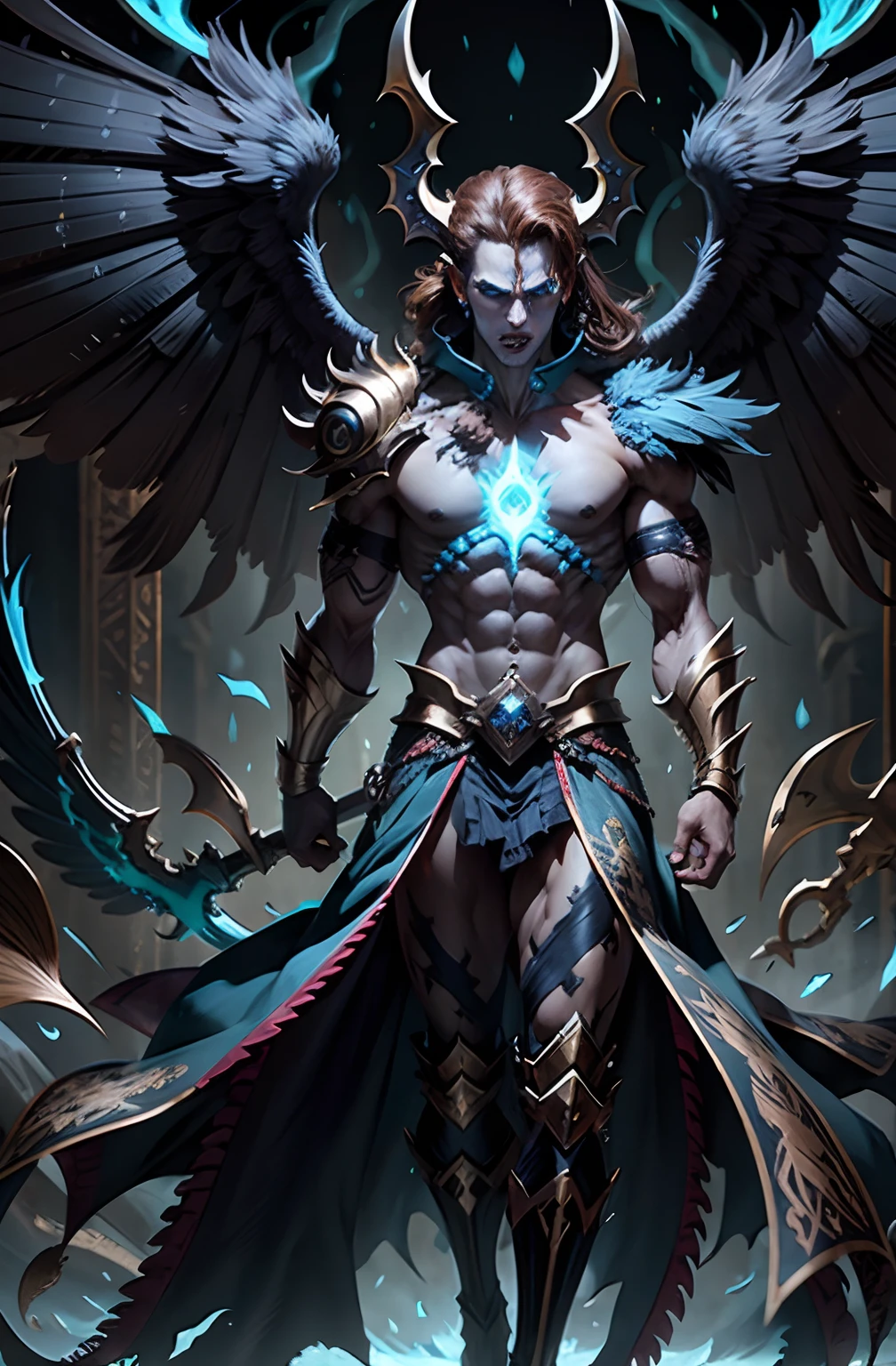 Demon Malphas, Green eyes, high cheekbones, muscular physique, Square Face, brown-hair, Grey Raven Wings, Bright Blue Aura