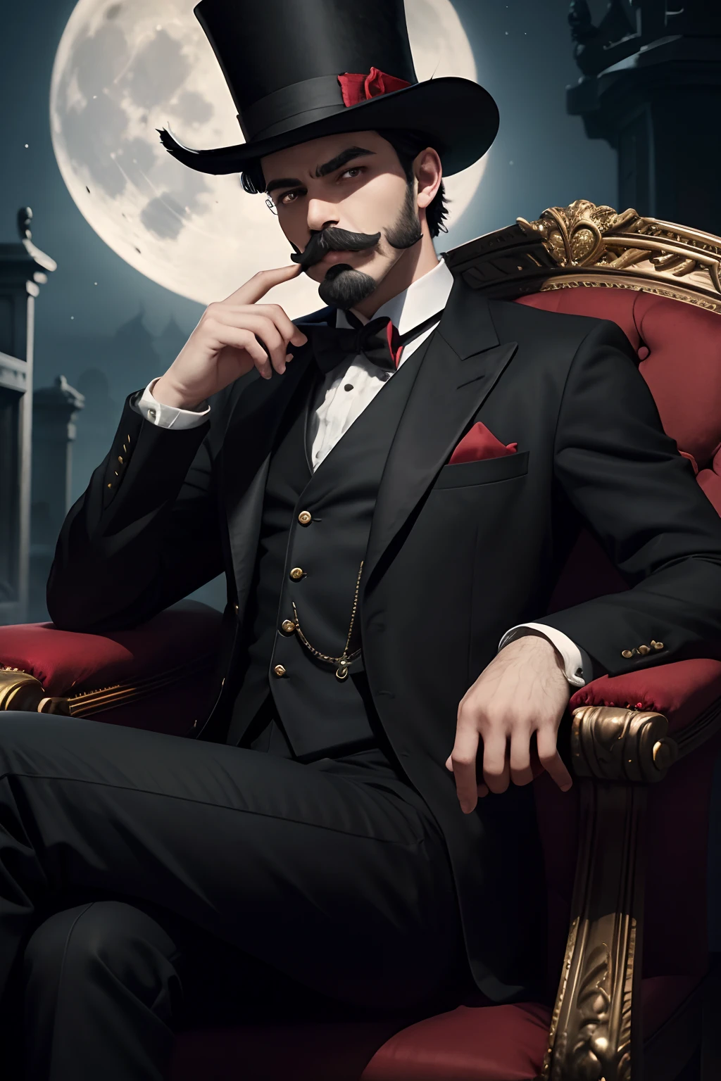 young man, handlebar black moustache, black beard, black official suit, top hat, dark red left eye, black right eye, trying to hypnotize with a pocket clock in right hand, smug face, red gloves, sitting on a chair, legs crossed, surrounded by a cemetery, slightly muscled arms, left hand casting a dark red spell, black cat with red eyes on his left shoulder, small blood marks on his face, in the night, bright full moon on the upper right corner, small stars in the sky, mansion with a flower garden in the far distance, offical male shoes