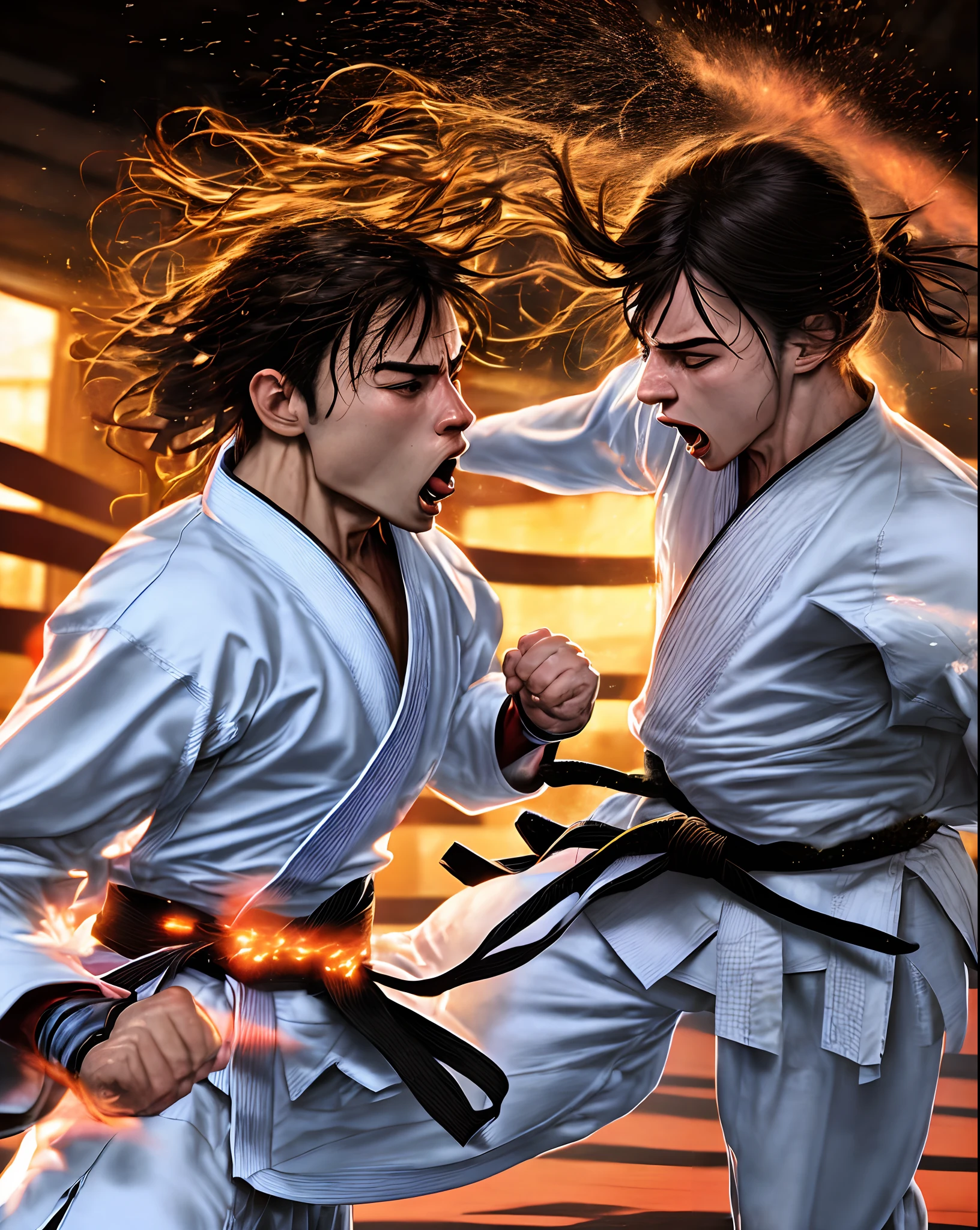Karate fighter performing blows releasing energy