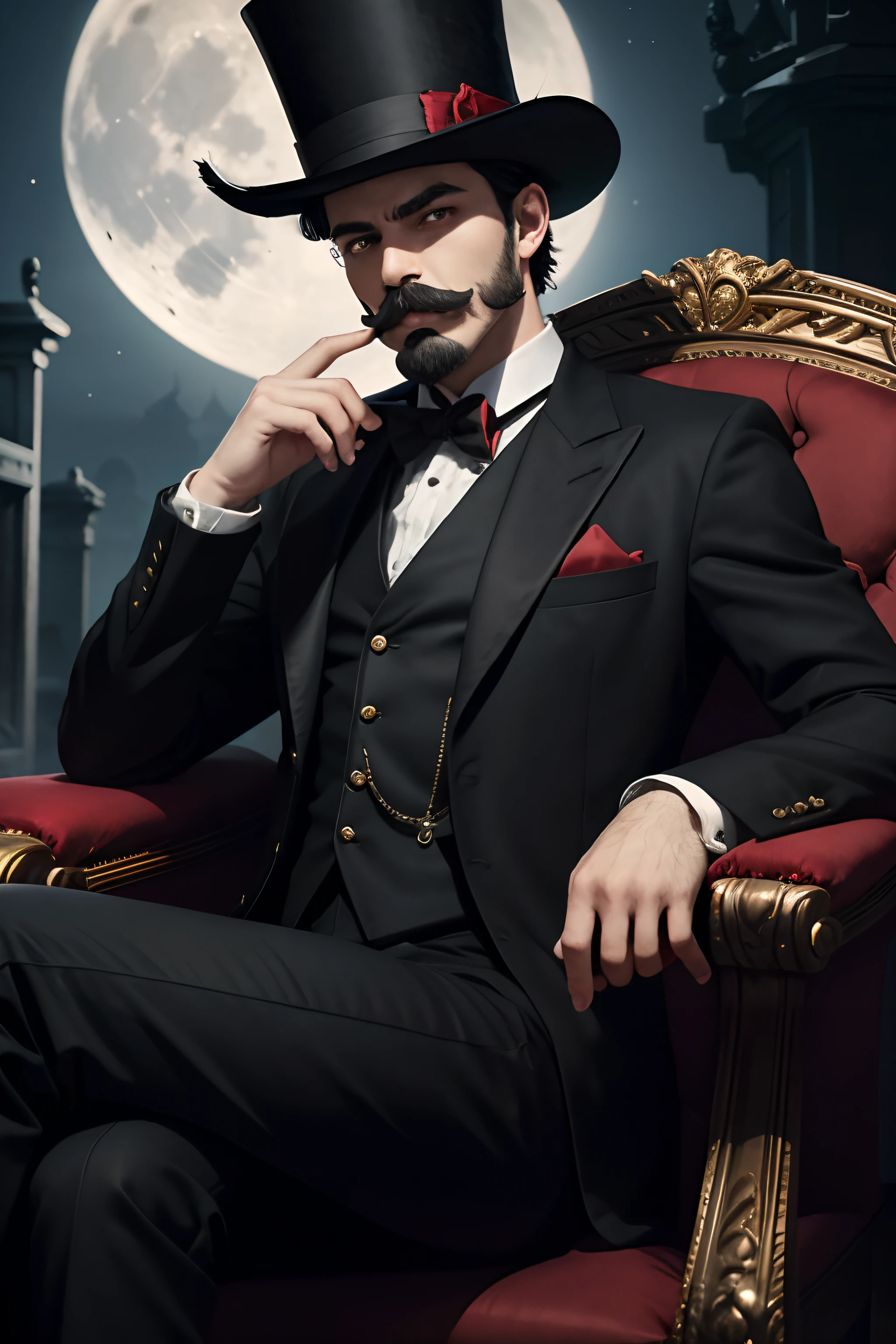 young man, handlebar black moustache, black beard, black official suit, top hat, dark red left eye, black right eye, trying to hypnotize with a pocket clock in right hand, smug face, red gloves, sitting on a chair, legs crossed, surrounded by a cemetery, slightly muscled arms, left hand casting a dark red spell, black cat with red eyes on his left shoulder, small blood marks on his face, in the night, bright full moon on the upper right corner, small stars in the sky, mansion with a flower garden in the far distance, offical male shoes