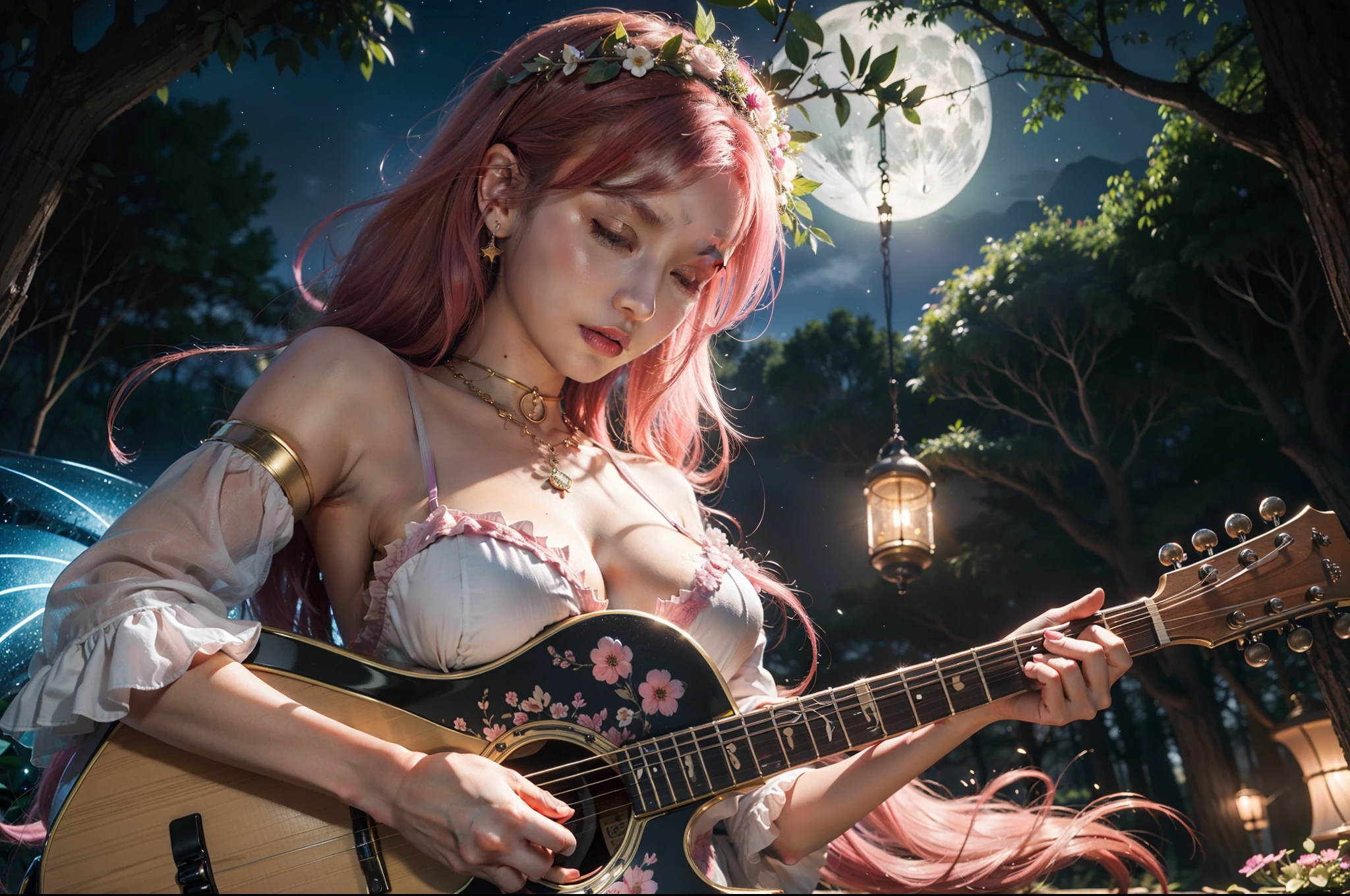 Generate a mesmerizing and enchanting scene featuring a cute lady gigantic breast with striking pink eyes and long, flowing pink hair. Place her in a magical fairy land illuminated by the soft glow of the moon, set during the tranquil hours of the night. The lady is playing a guitar with utmost passion and skill, her fingers gracefully strumming the strings, creating a melody that harmonizes with the night itself.
Surround her with the wonders of nature: blooming flowers in shades of pink and purple, tall ancient trees with bioluminescent leaves, and friendly woodland creatures watching in awe. The night sky above is a canvas of deep blues and purples, adorned with countless stars that twinkle like diamonds. Fireflies dance around, casting a golden glow in the air.
Capture the innocence and joy on the lady's face as she immerses herself in the music, and make sure to emphasize the magical atmosphere of the fairy land. The overall scene should evoke a sense of wonder and delight, as if the viewer has stumbled upon a hidden, enchanting world. Please pay special attention to the lady's expression, ensuring it reflects her passion for music and the beauty of the night around her