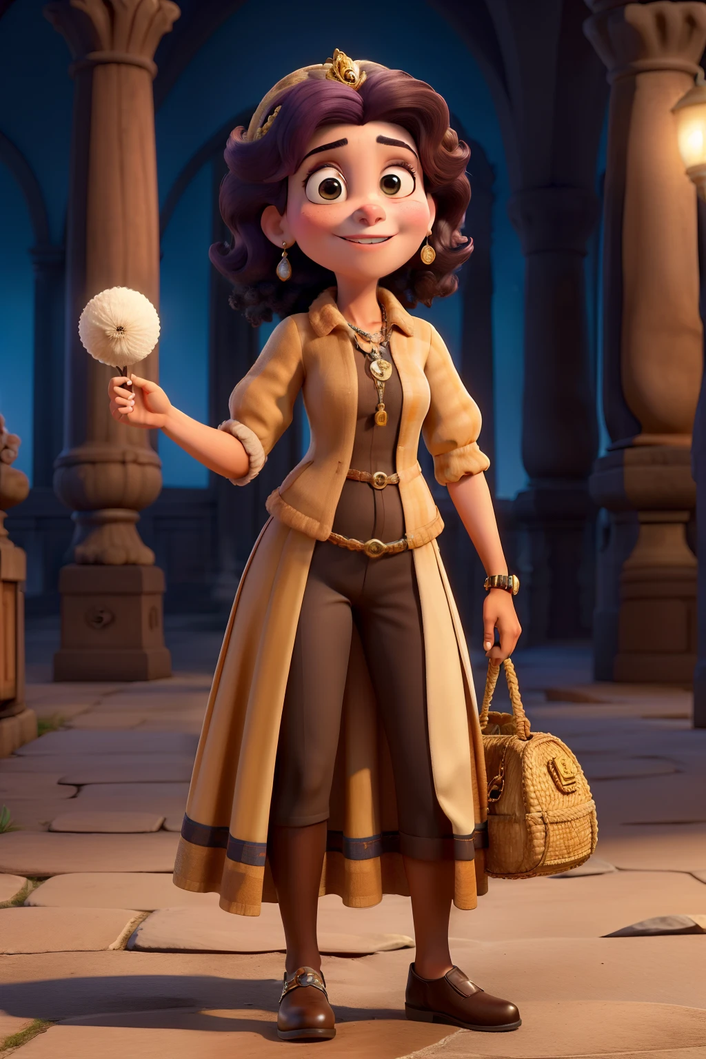 Obra-prima, de melhor qualidade, mulher que viaja de aviao para disney saia preta blusa bege do harry potter com a pomba branca, batom vermelho, cabelo preto azulado liso e alinhado grande como rapunzel, salto alto bolsa de lado, colar de ouro da Chanel sacolas de compra e malas