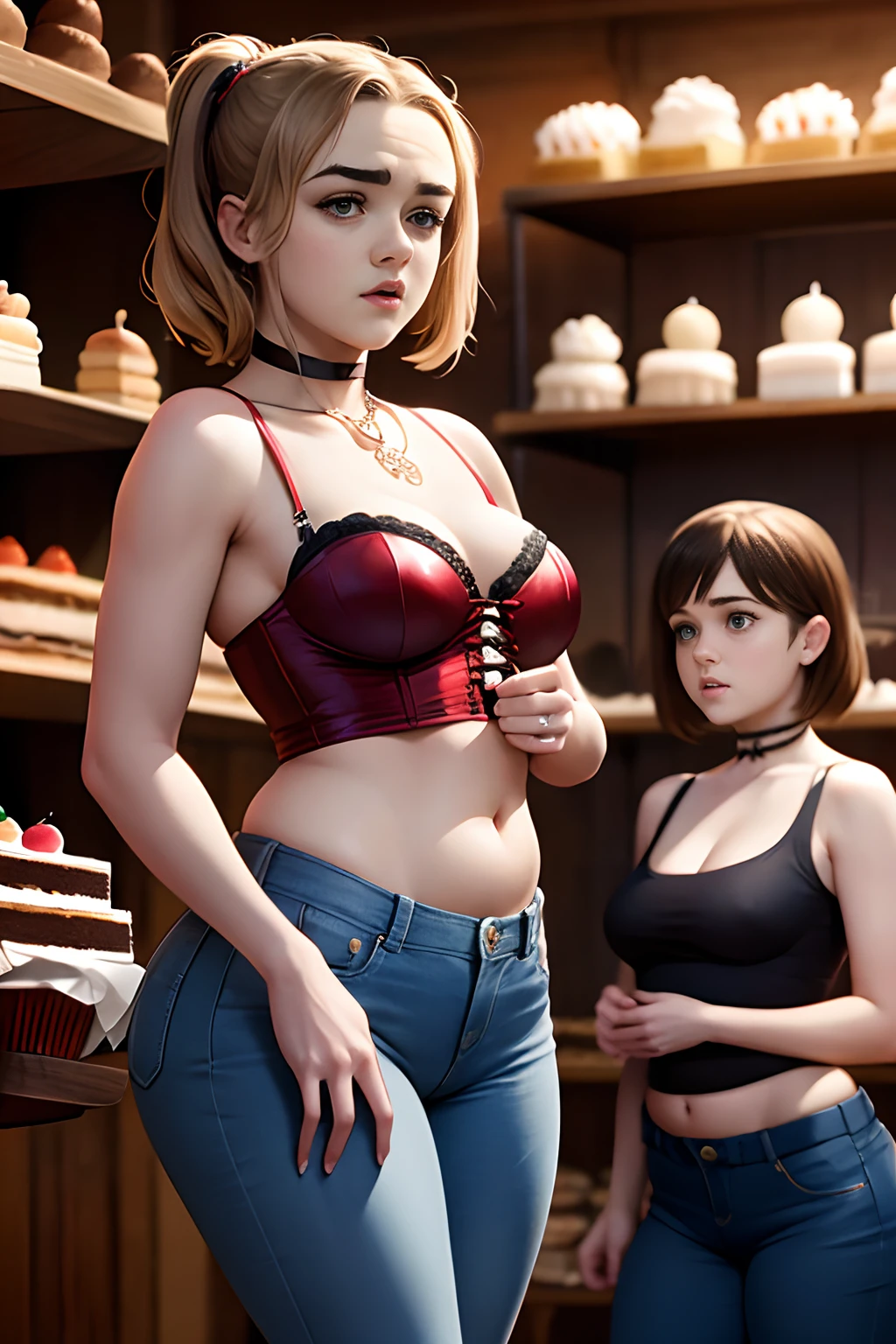 Maisie Williams, two girls, sisters, duo, at a bakery, surrounded by cake, cake everywhere, cake on shelves in background, studio lighting, ultra detail, realistic, big breasts, ultra thin, flat chest, flat belly, wearing blue jeans, wearing red corset, wearing choker necklace,