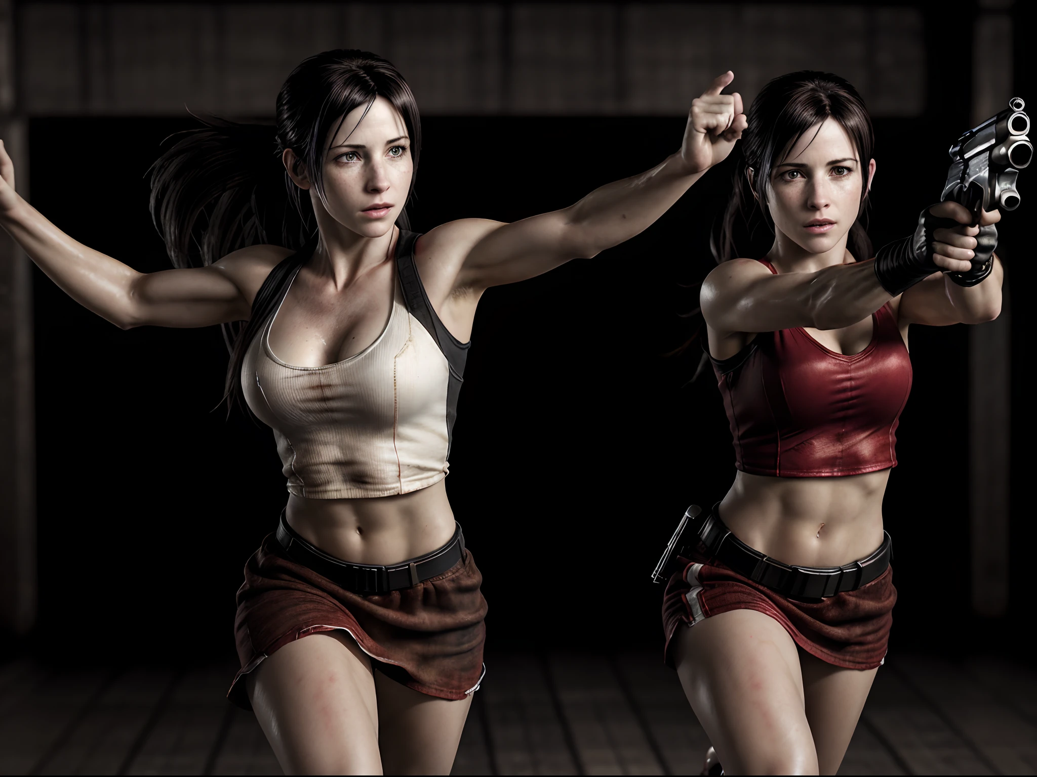 (Masterpiece), realistic, Photorealistic, best quality, ultra high res, Tifa Lockhart running and shooting, her hand holding a big revolver, wear cloth, action movie picture style, main color is red and white and black, dynamic movement, dynamic pose, movement, Amazing cinematic composition, diorama, intricate detail, solo, dress, floating hair