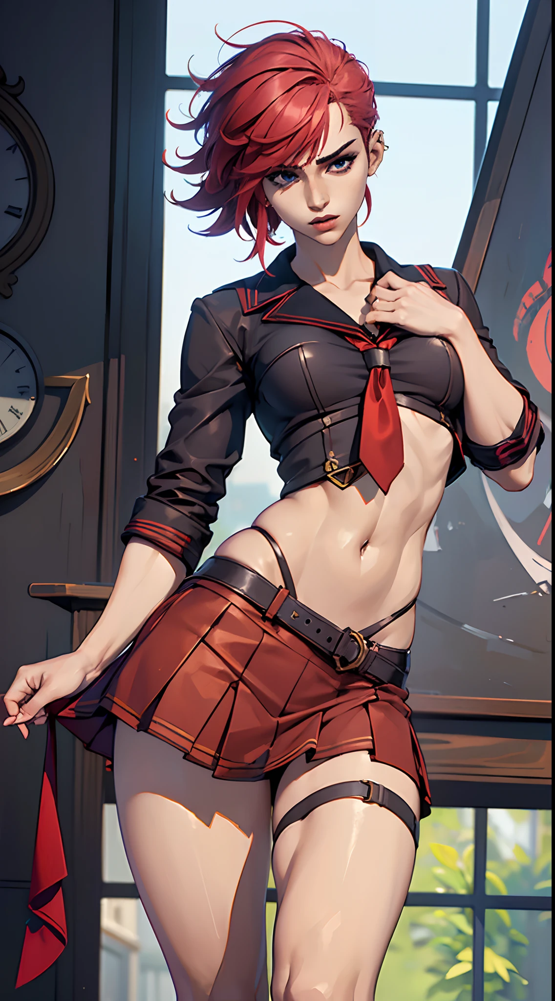 (masterpiece, best quality, shiny skin), vi from arcane, vi, red hair, short hair (sailor uniform, miniskirt), (half body pose, close up, sharp eyes, perfect face and body), (smooth skin),(perfect anatomy, correct proportions)