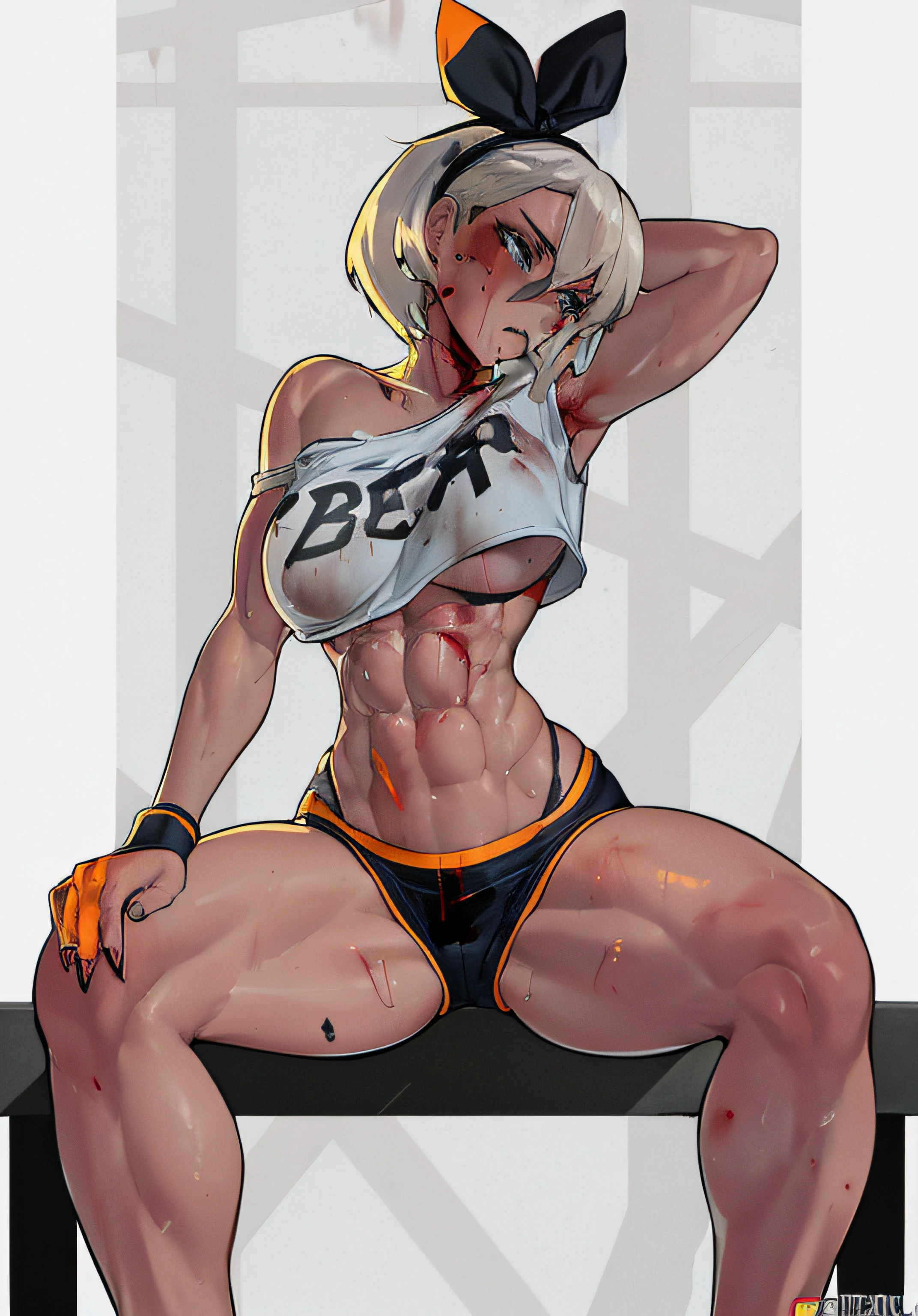 anime girl in shirt sitting on bench, sweaty abs, High Resolution Commission, OC Commission, Cudesexyrobutts, Rough Pose, 2b, 2 b, muscular girl, strong pose, From Overwatch, lean but muscular, Lola Bunny Fanart, Chun Li in gym, weak beta male, Abs, Slim and muscular, mouth ajar, nose, Fit Girl, Bea Pokemon, ((Marked abs)), (Bruises on abdomen: 2), Bruises, (((blood))), ((sweat)), steam, (Blood on abs:2), blue eyes, Black thong with orange lines, muscular thighs, Bruised abs,