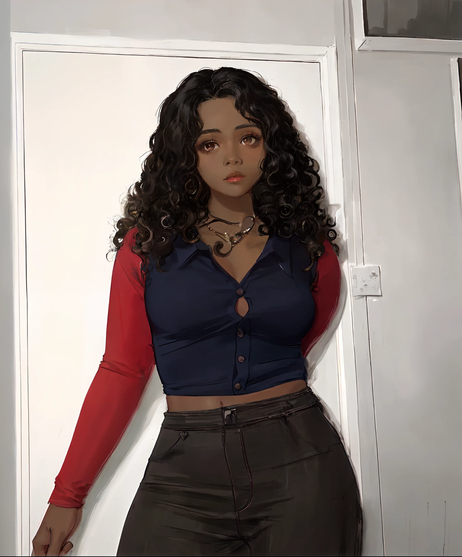 A young woman with long black hair and purple shirt, brown eyes, a black woman with curly hair, perfectly centered portrait Surrealism, 8k, super detail, landscape