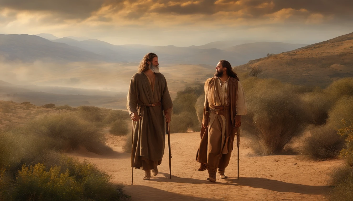 in the Bible, Abraham Offers Isaac to God as Wealth, Jovem Isaac, Old Abraham, Montanhas,papiro,pergaminho intemperizado,Vestidos velhos,,Historical reference,Arte e detalhes de alta qualidade,Estilo retrato realista,paleta de cores sutil,fundo vibrante,texturas naturais,Sombras profundas,Destaques sutis,historical accuracy,meticulous attention to detail,Profundidade e intensidade emocional,authentic representation,instigante,atmosfera espiritual,Um Senso de Sabedoria Antiga,Impacto profundo