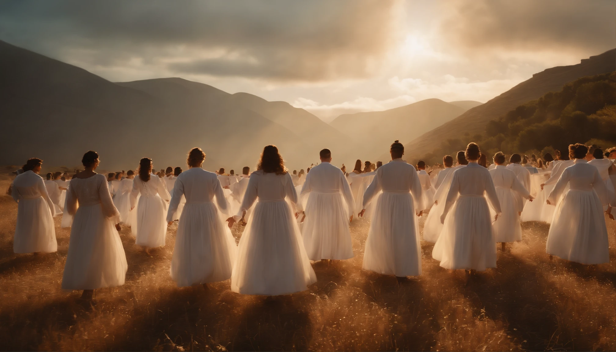 O Arrebatamento ,Thousands of people are floating in the air,Standing on the clouds, Thousands of people are dressed in white, Raise your hands and sing hymns to praise God. The scenes are magnificent and surreal. (best quality, 4k, 8k, alta resolução, master part:1.2), ultra-detalhado, (realisitic, fotorrealista, realista:1.37), Retrato de um, vivid colors, studio lit, foco nítido, physics based rendering, extreme detail description, Bible Topics, Great Atmosphere, luz radiante.