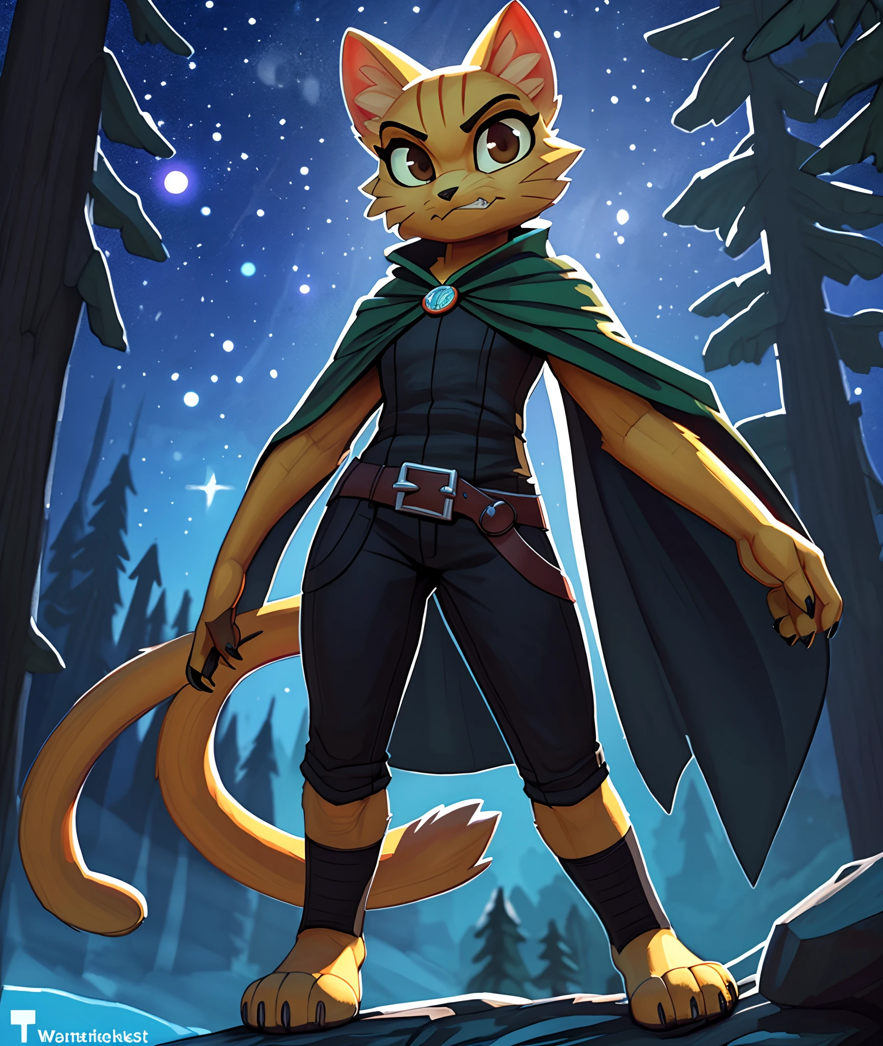 [katia managan], [Uploaded to e621.net; (Pixelsketcher), (wamudraws)], [(Uploaded to twitter.com); (@senip)], ((masterpiece)), ((HD)), ((solo portrait)), ((full body)), ((front view)), ((furry; anthro)), ((detailed fur)), ((detailed soft shading)), ((cinematic lighting)), ((beautiful render art)), {anthro; (slim figure), yellow fur, black nose, (long yellow cat tail), (cute dark brown eyes), (beautiful feet), (black claws), (angry), (smug grin)}, {(black tunic), (black pants), (short green cape), (black toeless socks on feet)}, {(dynamic pose), (looking ahead)}, [background; (woods), (spruce trees), (starry sky), (ambient lighting)}