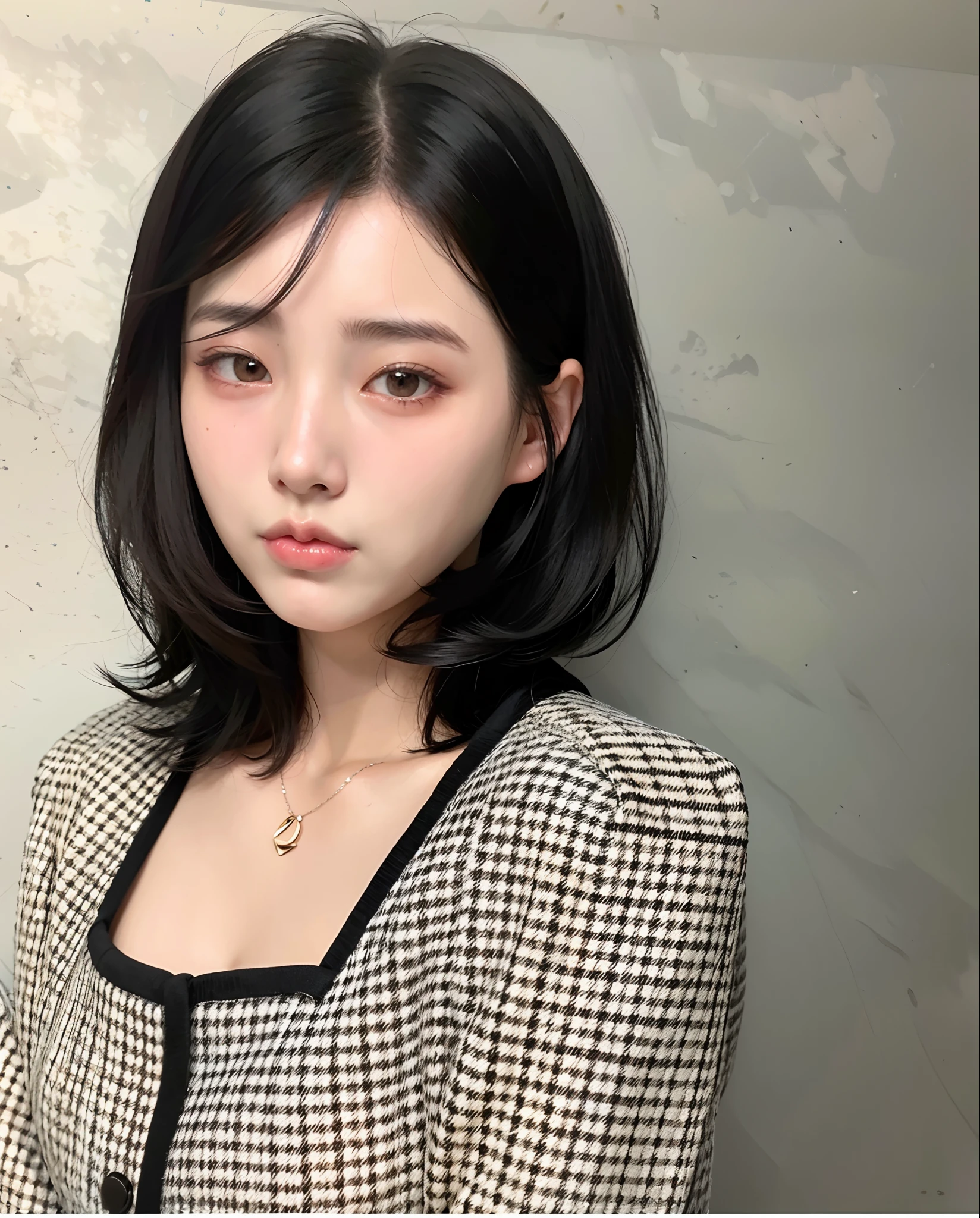 Arafed asian woman with black hair and a black and white plaid blouse, con el pelo corto, El Corte Hime, Cabello negro Hime cortado, Peinado blanco de corte hime, Chiho, cabello negro hasta los hombros, Sui Ishida con cabello negro, Lee Ji-eun, Lee Ji - Eun, Jinyoung Shin, Heonhwa Choe, young cute wan asian face