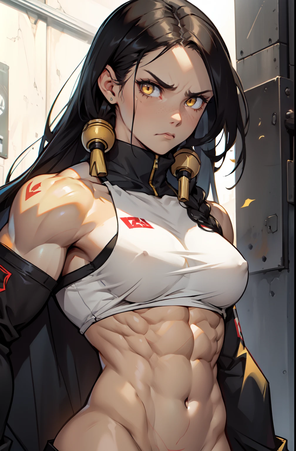 (((((1 girl))))) angry very long hair pale skin black hair yellow eyes ((((muscular toned body))))