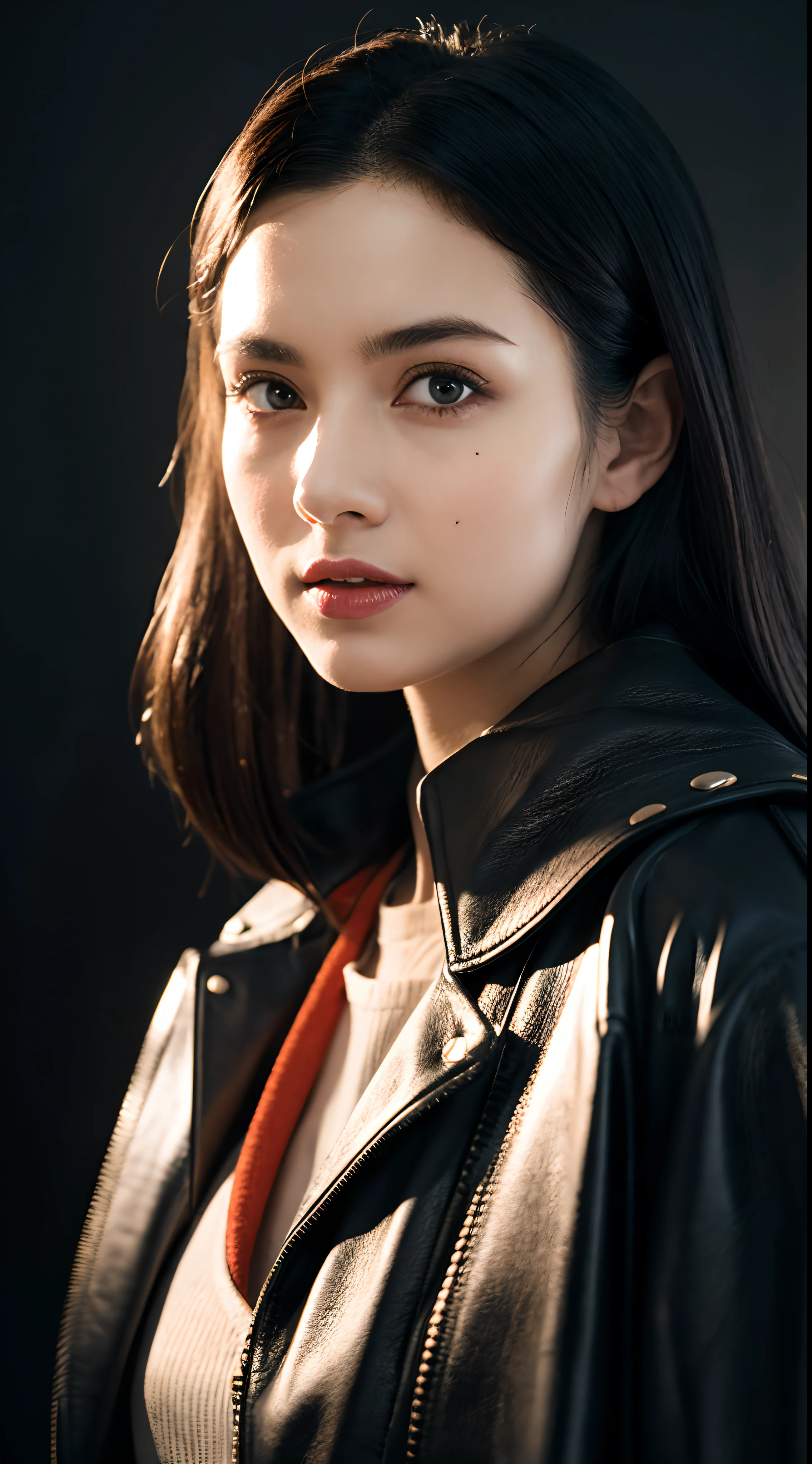 RAW, professional photograph, movie photograph, medium shot, Female elf, twenty years old, black background, colorful sparks, leather overcoat, black overcoat, gothic style, athletic body, soft facial features, long hair, straight hair, black hair, red eyes, realism, hyperrealism, ray tracing, high details, super detail, UHD, 8k,