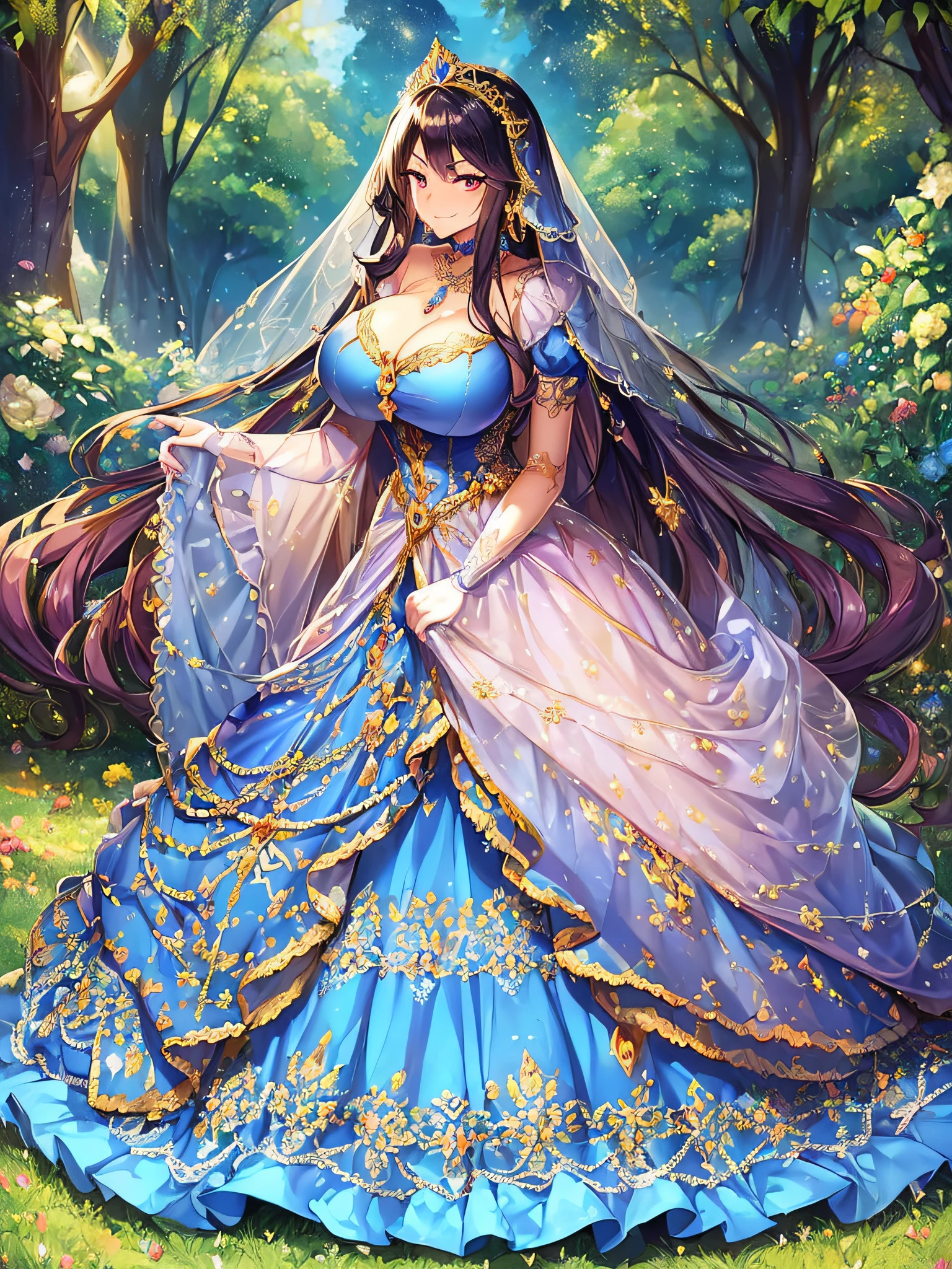 ((Anime Art Style)),(masutepiece),(Best Quality), (Super Detail),((Very delicate and beautiful)),((Full body portrait)),((Stand in the garden)),((Solo)),(((One princess in Gorgeous embroidery and jeweled very gorgeous Cinderella ballgown with voluminous full length hoop skirt))),(enormous Crinoline Hoop Skirt),Long Train,(((very very gigantic boobs,Skindentation))),((large amount of straight hair,extremely voluminous Hair,Very Long Straight Hair)),(finely detailed face and eyes),((Seductive smile,embarrassed)),(extremely gorgeousfull hair ornament,very gorgeous tiara adorned with bling-bling jewels),Glitter Gorgeous Gemstone Jewelry,Gorgeous Long Veil,(opera gloves),(Beautiful background),(Full body),((Gorgeous embroidery and jeweled gorgeous Cinderella ballgown with voluminous full length hoop skirt)),