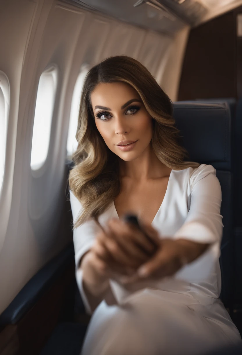 Flight attendant, mulher arafed totalmente , menina sexy com olhos azuis, ultra realistic, meticulosamente detalhado, Retrato Sophie Mudd, cabelos pretos e olhos pequenos, selfie de uma mulher de 44 anos, Olhos do quarto, boca grande, Violeta Myers, com maquiagem, Looking directly at the camera, Rosto com ArtGram, maquiagem sutil, impressionante tiro de corpo inteiro ajoelhado na cama, no quarto, medium to large bust; ; ;nu