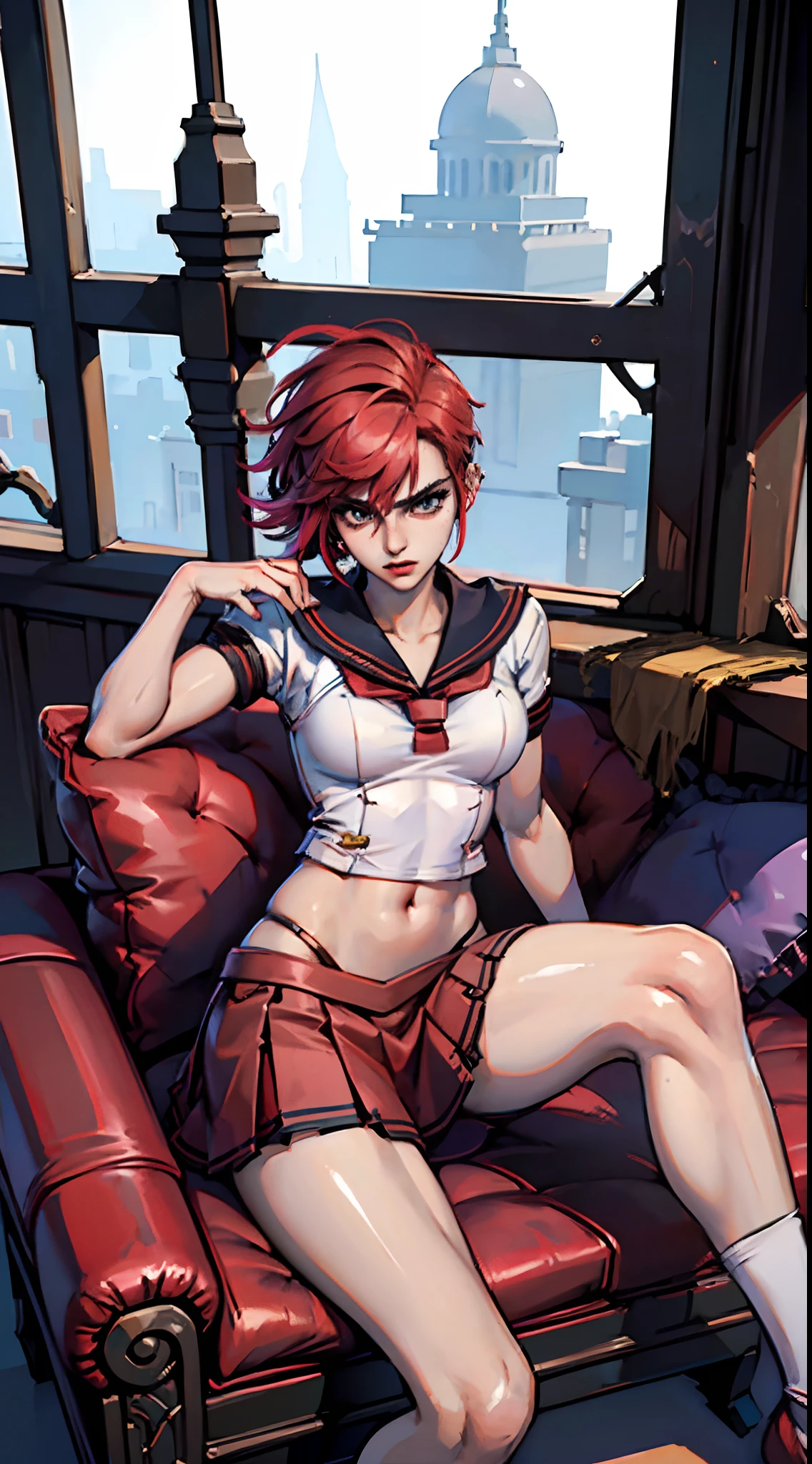 (masterpiece, best quality, shiny skin), vi from arcane, vi, red hair, short hair (sailor uniform, miniskirt), (sitting, close up, sharp eyes, perfect face and body), (smooth skin),(perfect anatomy, correct proportions)