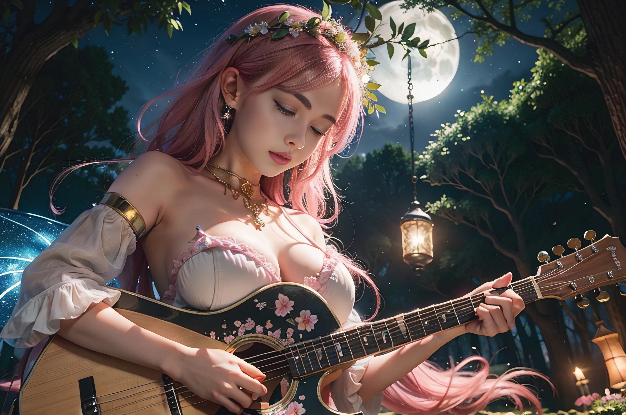 Generate a mesmerizing and enchanting scene featuring a cute lady gigantic breast with striking pink eyes and long, flowing pink hair. Place her in a magical fairy land illuminated by the soft glow of the moon, set during the tranquil hours of the night. The lady is playing a guitar with utmost passion and skill, her fingers gracefully strumming the strings, creating a melody that harmonizes with the night itself.
Surround her with the wonders of nature: blooming flowers in shades of pink and purple, tall ancient trees with bioluminescent leaves, and friendly woodland creatures watching in awe. The night sky above is a canvas of deep blues and purples, adorned with countless stars that twinkle like diamonds. Fireflies dance around, casting a golden glow in the air.
Capture the innocence and joy on the lady's face as she immerses herself in the music, and make sure to emphasize the magical atmosphere of the fairy land. The overall scene should evoke a sense of wonder and delight, as if the viewer has stumbled upon a hidden, enchanting world. Please pay special attention to the lady's expression, ensuring it reflects her passion for music and the beauty of the night around her