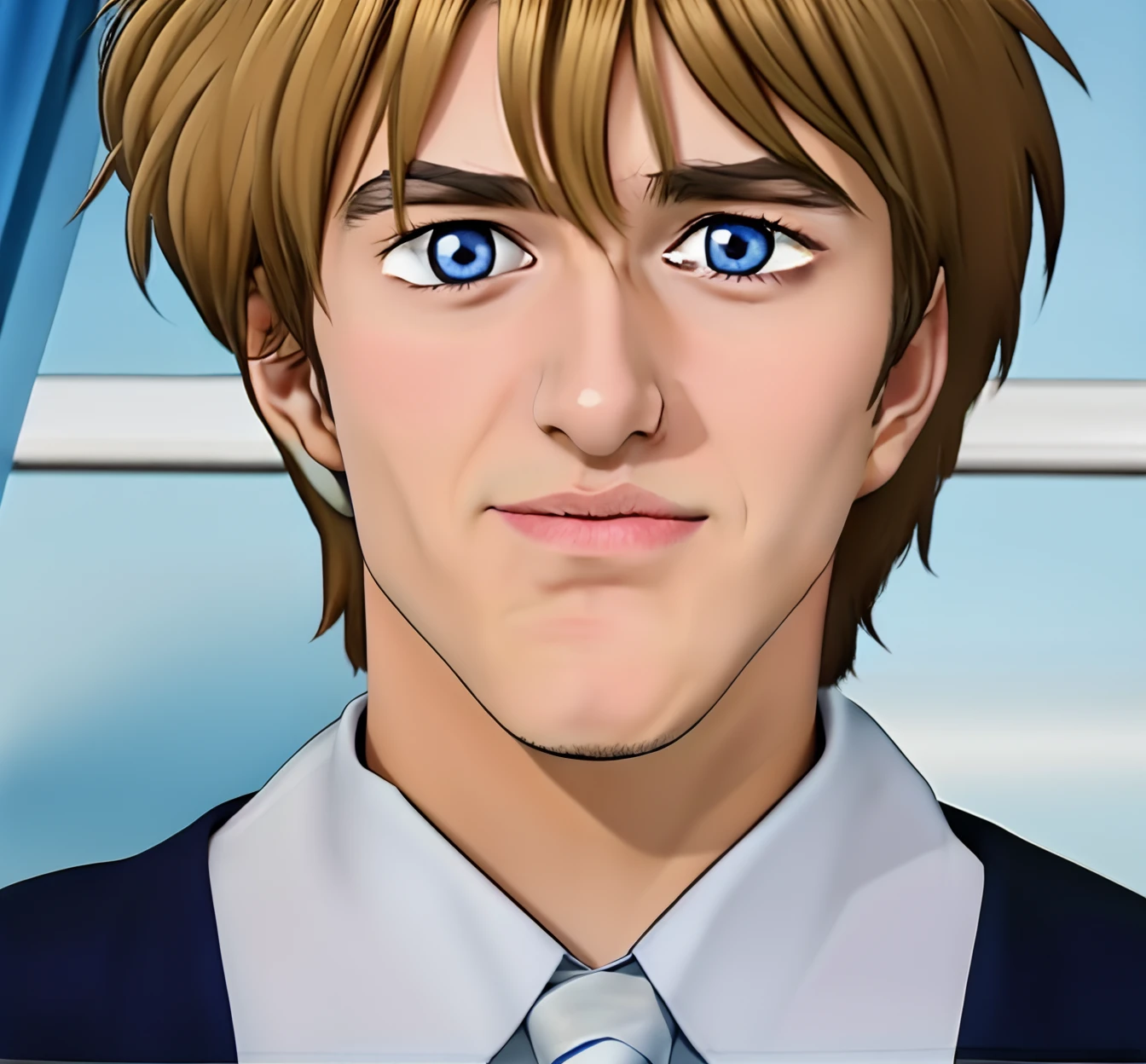 a close up of a man in a suit and tie looking at the camera, handsome man, dark blonde hair, blue eyes, small nose, regular jaw, caucasian white skin, delicate features