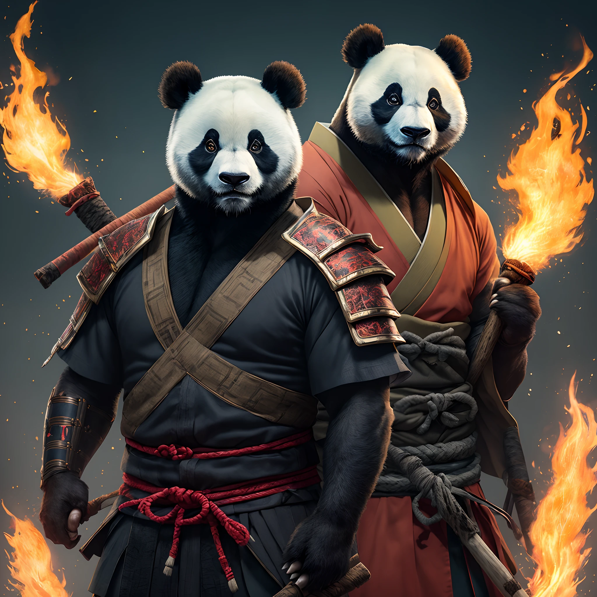 Panda man in samurai style with blue flames on his shoulder