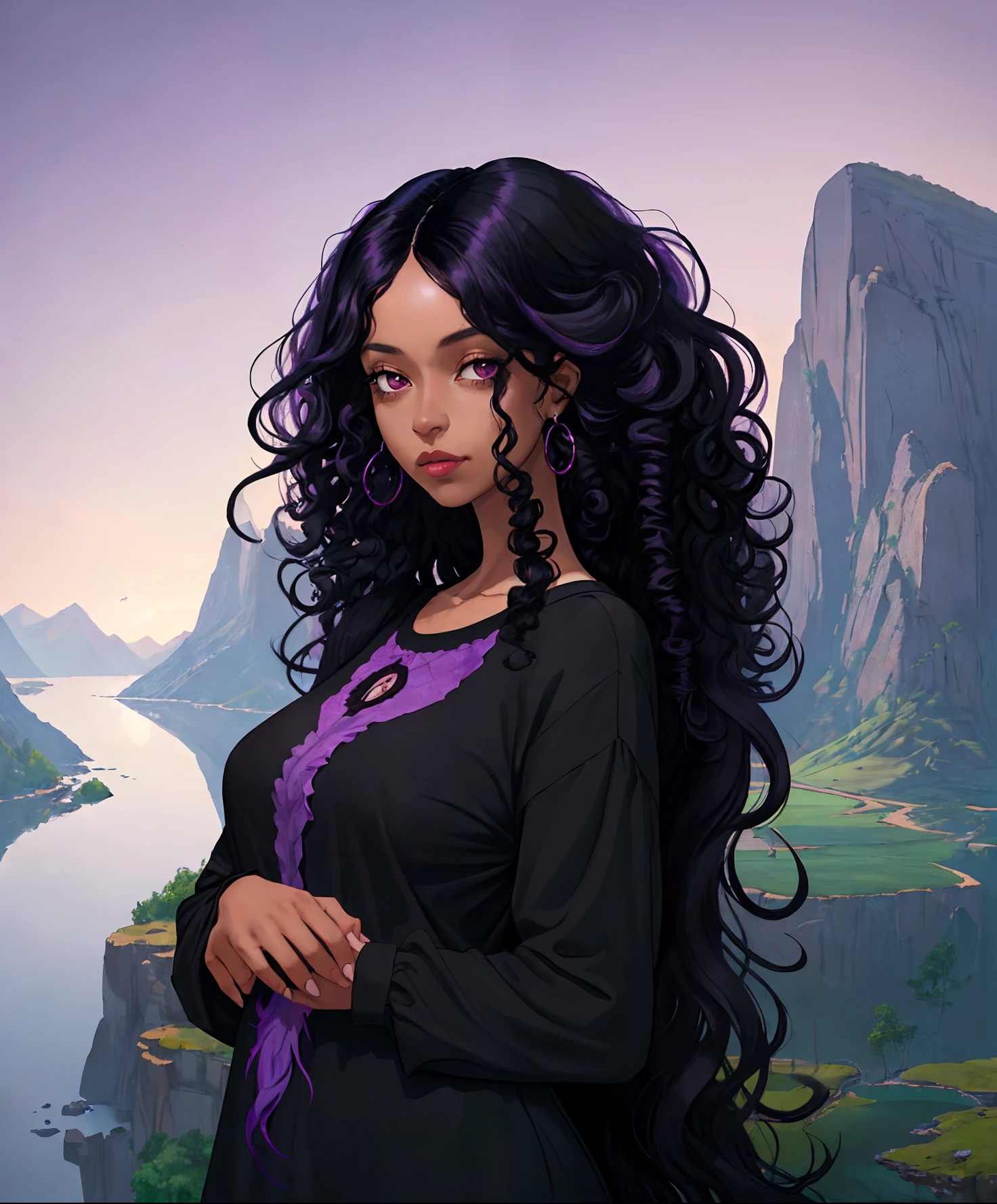 A young woman with long black hair and purple shirt, a black woman with curly hair, perfectly centered portrait Surrealism, 8k, super detail, landscape