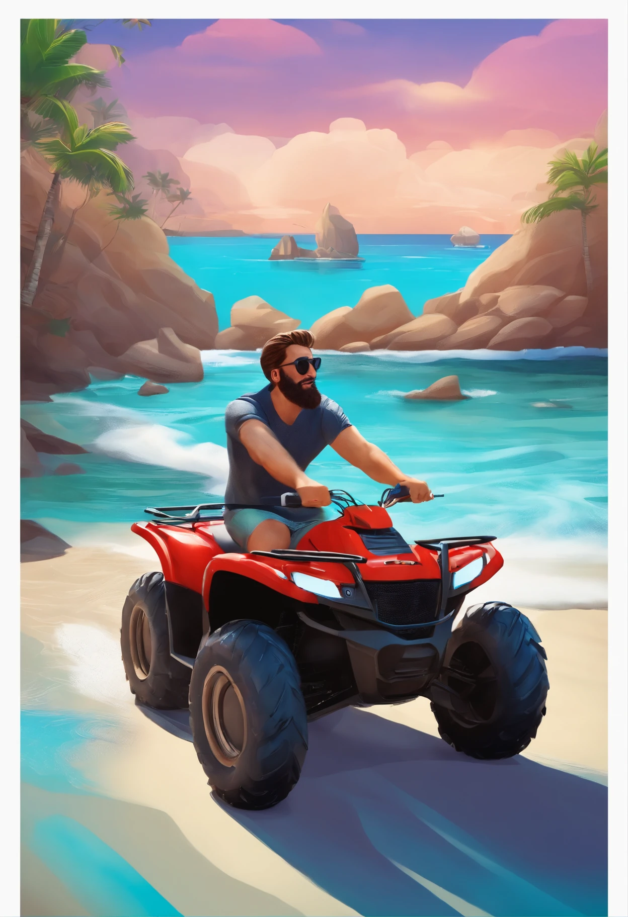 Create Pixar movie-style image of a man with a small beard and sunglasses on the beach riding a quad bike
