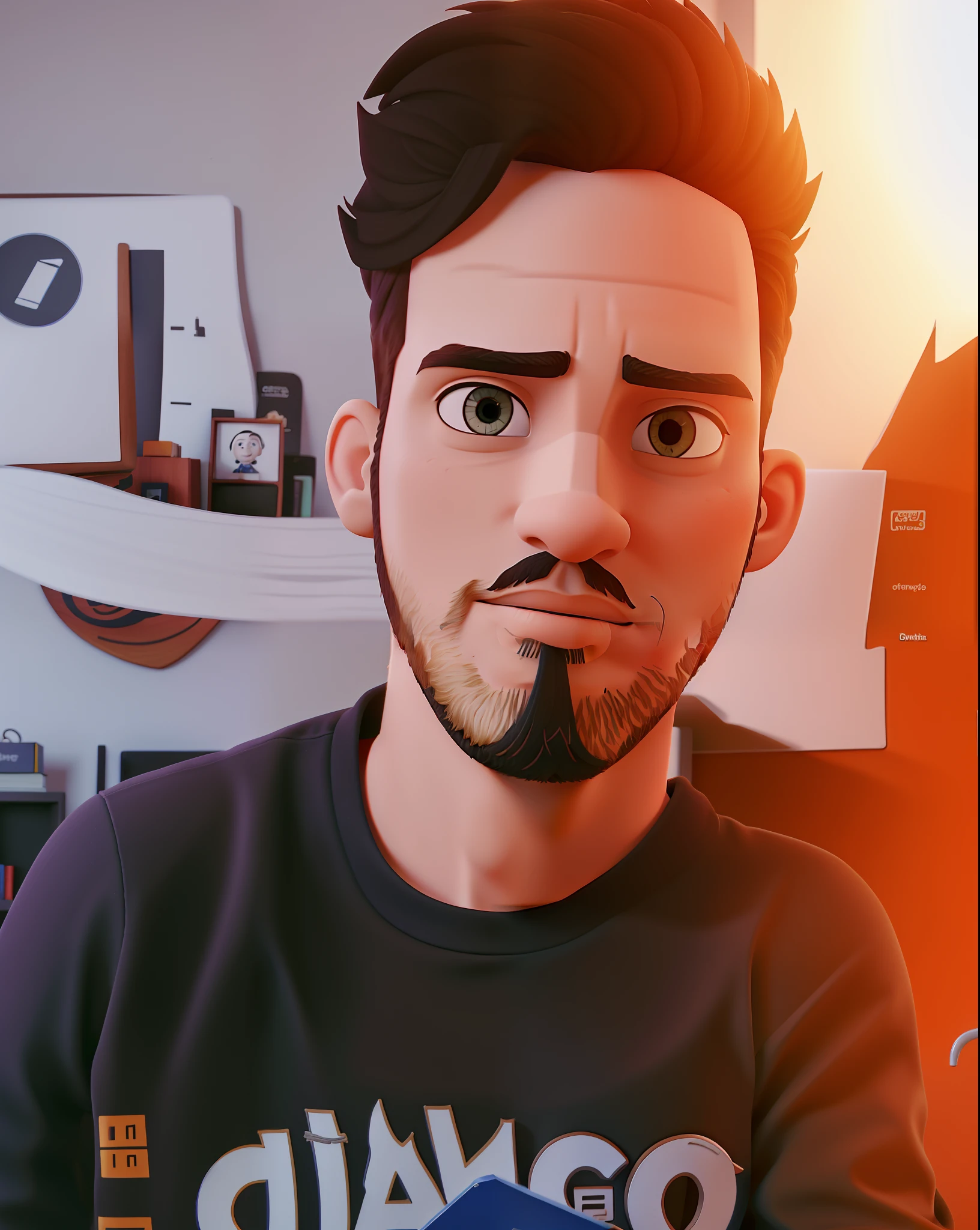 crie uma arte digital 3d com uma cena com um homem alto branco camisa preta cabelos curtos de cor castanho escuro e barba baixa,trabalhando no seu quarto de jogos. he's looking at a designer Photoshopped on a Dell-branded laptop and listens to music on the H-branded headset. The scenery of the bedroom with bookshelf with small boxes and some books, escrito na parede do norte mens gaming, Na parede duas guitarras, Electric guitar & Baixo de alta qualidade melhor qualidade