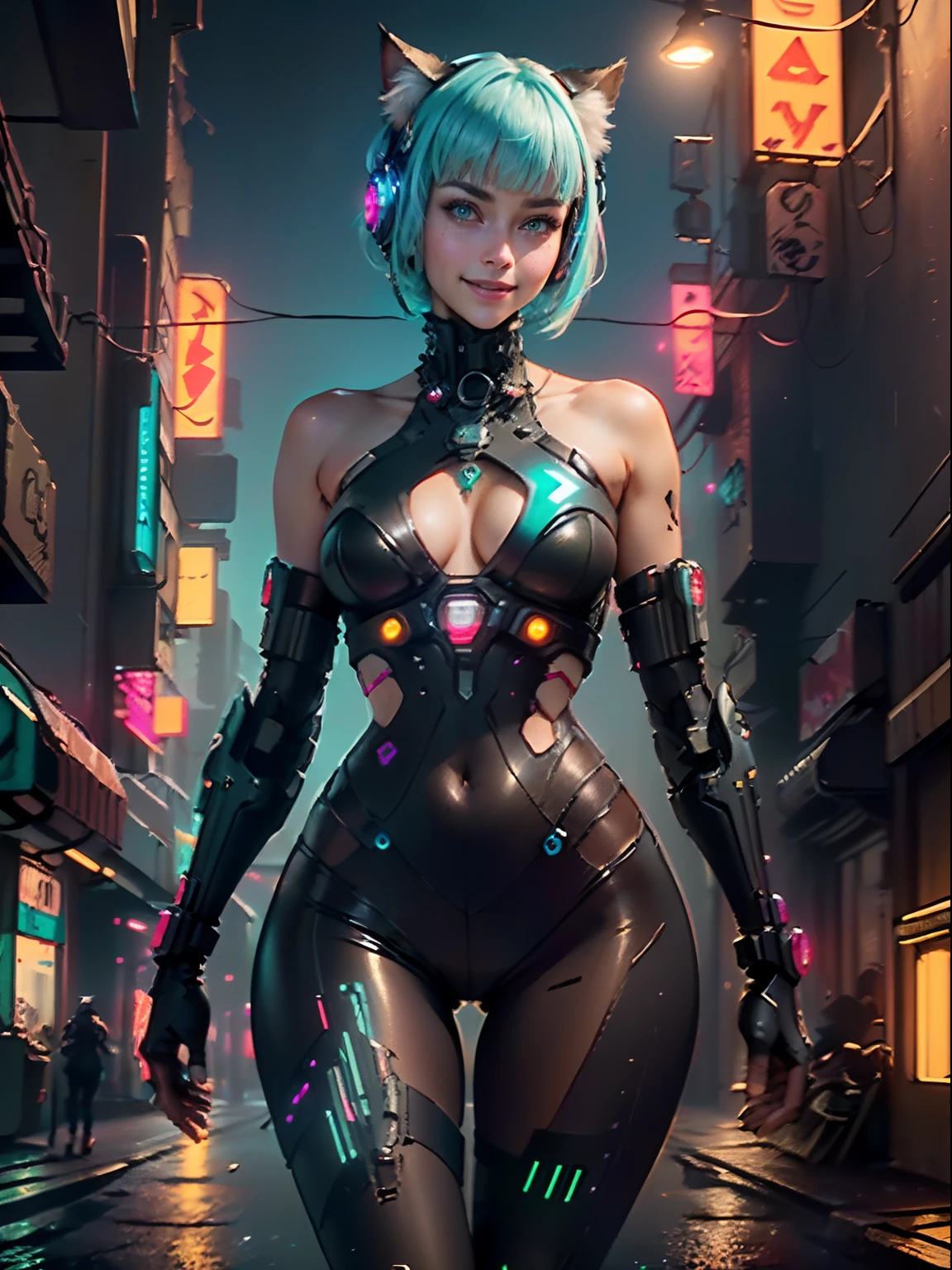 (RAW photo, best quality, masterpiece:1.2), (realistic, photo-realistic:1.4),(masterpiece:1.4),(best quality:1.4), ((smiling cute cyberpunk catgirl)), ((slender body, ???????????)), ((fringe and bangs twin pigails hairstyle)), wearing cybernetic gadgets, ((standing in Cyberpunk city streets)), (dynamic pose), cowboy shot, hair intakes, glowing neon accents, (((thigh gap))), thighs, multicolor hair