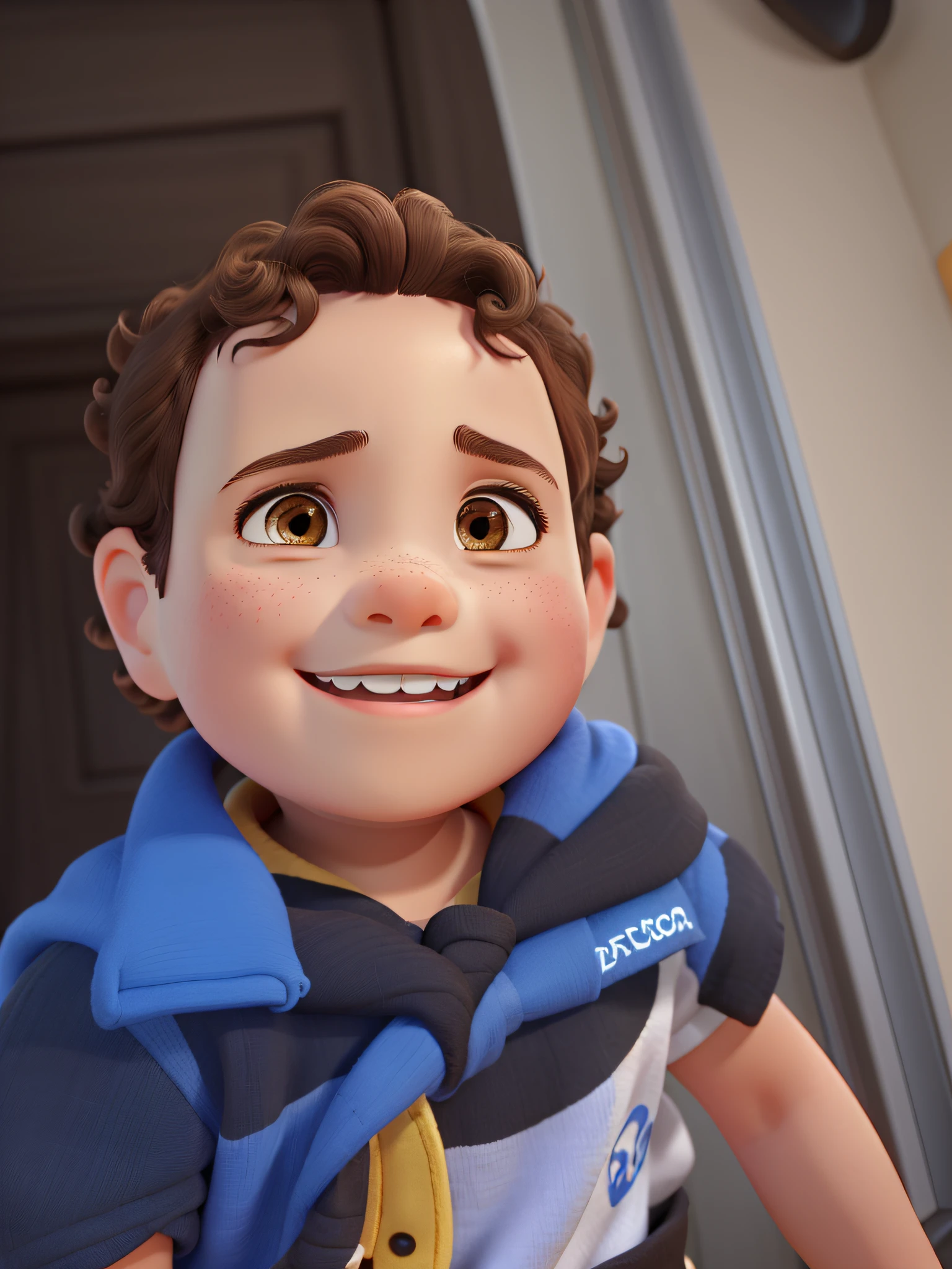 a 2 year old child, white, dark brown eyes, short dark brown curly hair, smiling, Disney pixar style