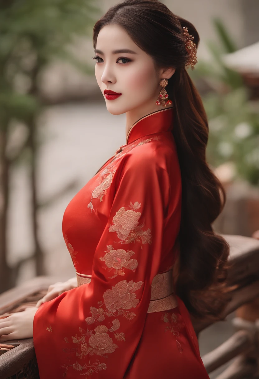 nsfw, 8K raw photo, Best quality, masterpiece, ultra high res, looking at viewer, (long brown hair:1.2), natural skin texture, realistic eye and face details, rouge (makeup), full lips, parted lips, lipstick, beautiful legs, slim_legs, thigh_gap, model, big breasts, Chinese style courtyard, outdoors, China traditional inner Dress,