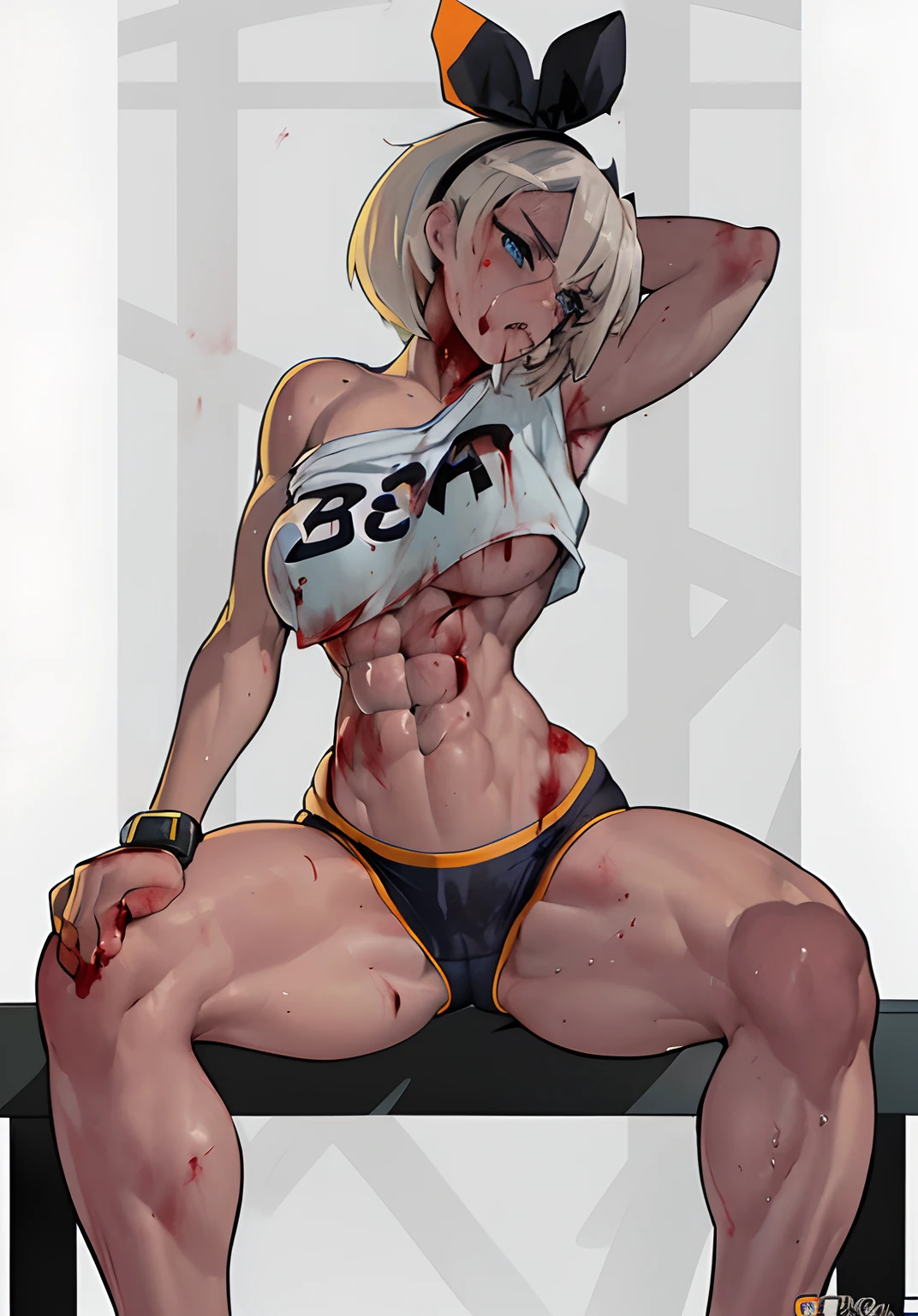 anime girl in shirt sitting on bench, sweaty abs, High Resolution Commission, OC Commission, Cudesexyrobutts, Rough Pose, 2b, 2 b, muscular girl, strong pose, From Overwatch, lean but muscular, Lola Bunny Fanart, Chun Li in gym, weak beta male, Abs, Slim and muscular, Mouth ajar, nose, Fit Girl, Bea Pokemon, ((Abs marked)), ((Bruises on abdomen: 2), Bruises, (((blood))), ((sweat)), steam, (Blood on abs:2), blue eyes, Black thong with orange lines, muscular thighs, Bruised abs,