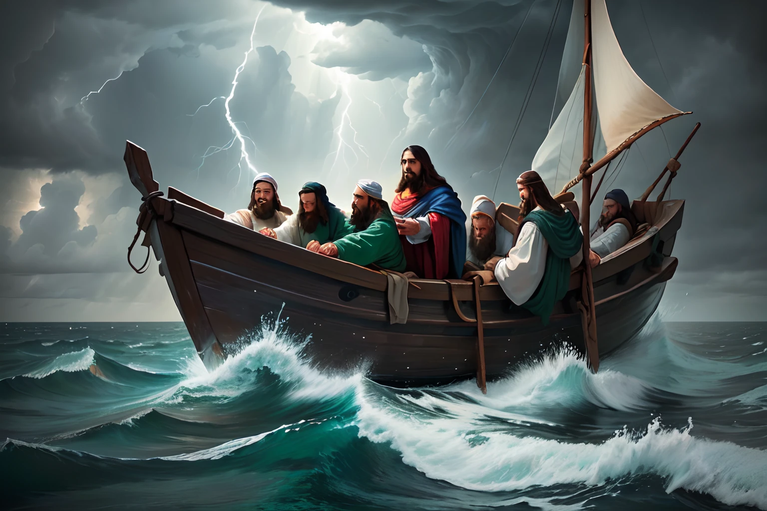 Jesus and the disciples in the boat in the middle of a storm