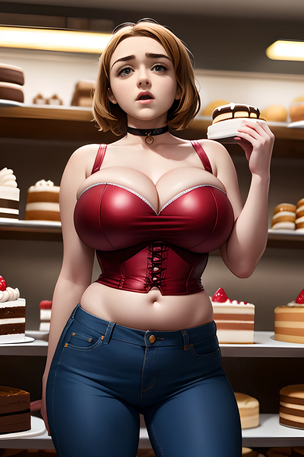 Maisie Williams, two girls, sisters, duo, at a bakery, surrounded by cake, cake everywhere, cake on shelves in background, studio lighting, ultra detail, realistic, big breasts, (big breasts:1.2), ultra thin, flat chest, flat belly, wearing blue jeans, wearing red corset, wearing choker necklace,