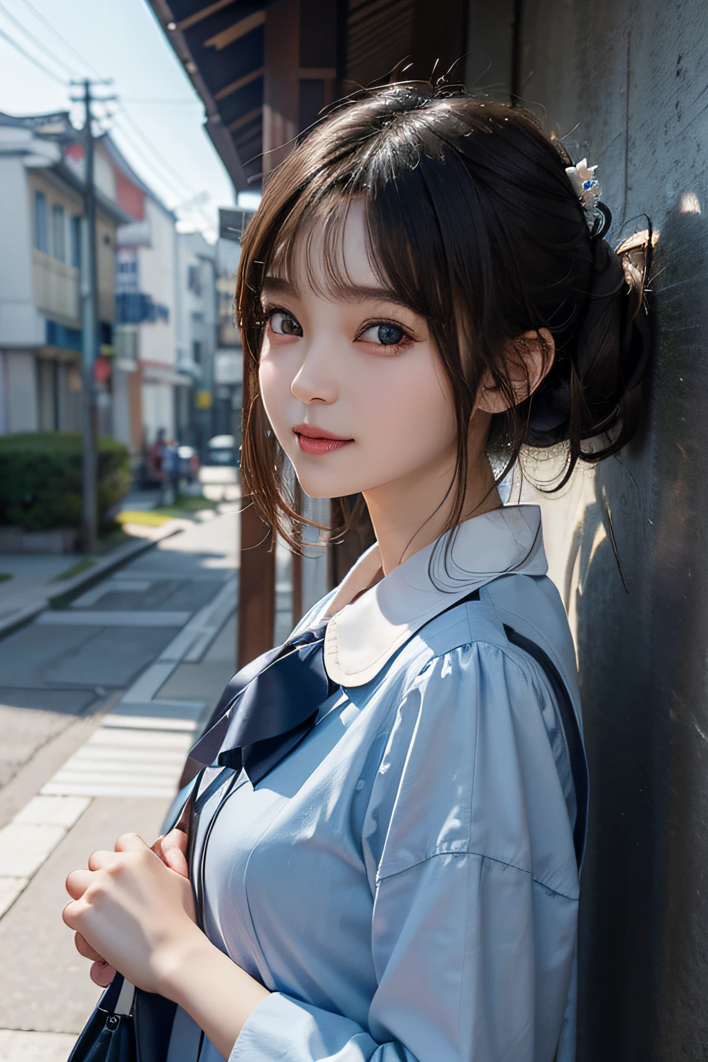 ​masterpiece, 1 beautiful girl, A detailed eye, Swollen eyes, top-quality, 超A high resolution, (reality: 1.4), 电影灯光, japanes, Trendy Korean Cosmetics、a asian beauty, very extremely beautiful, Beautiful skins, A slender, Forward-facing body, (A hyper-realistic), (hight resolution), (8K), (ighly detailed), ( Best Illustration), (beautifully detailed eyes), (ultra-detailliert), (wall-paper), 详细的脸, Bright lighting, Professional Lighting, looking at the viewers, Facing straight ahead、a pixie cut、Neat and clean clothing、background slightly blurred、Hair color is black、Hair color is partially bright blue、Japanese high school  girl、School Uniforms、Amazing smile、Eye color is brown、medium breasts⁩