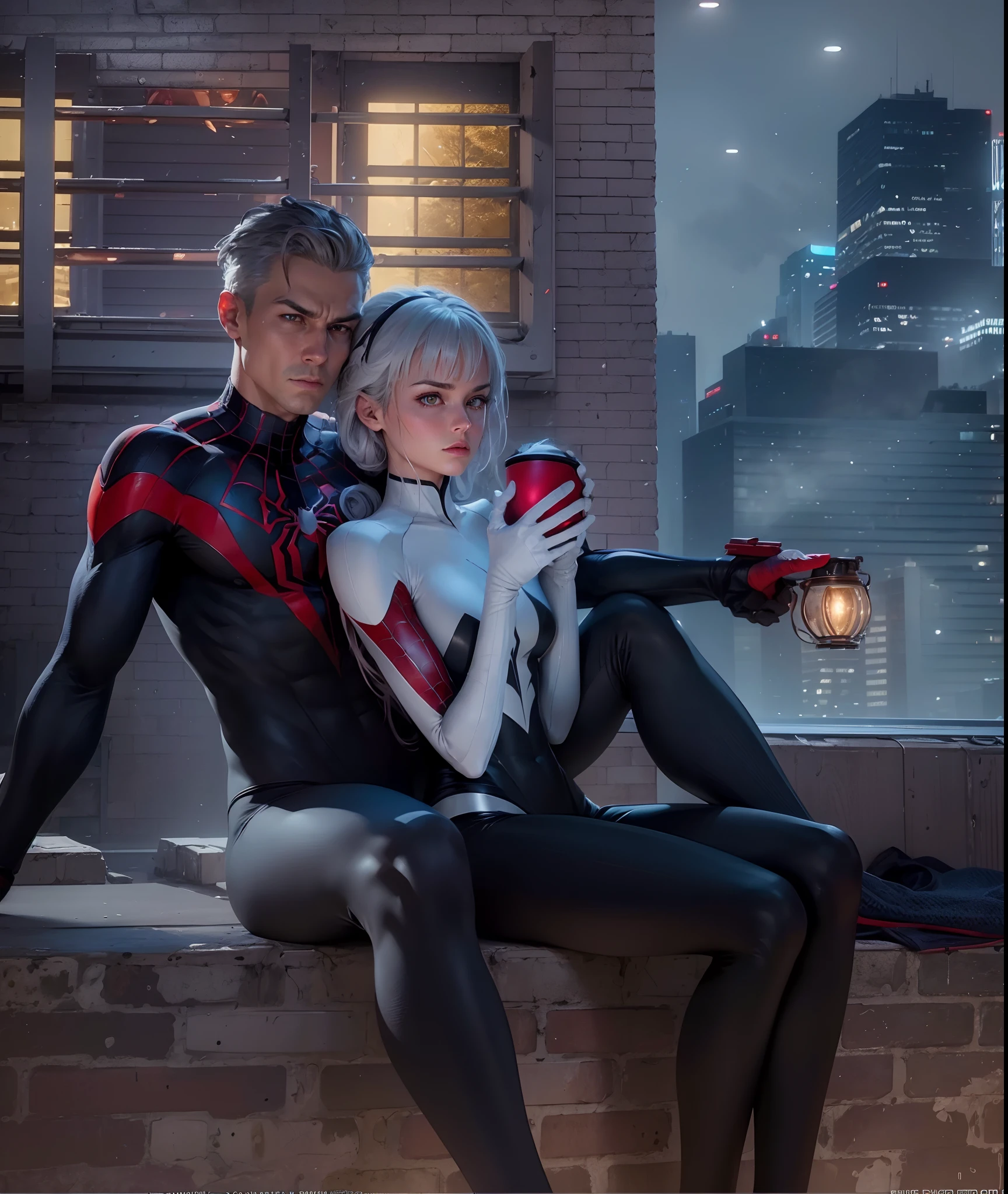 (Extreme Detail CG Unity 8K wallpaper, masterpiece, highest quality), (Exquisite lighting and shadow, highly dramatic picture, Cinematic lens effect), a girl in a white Spider-Man costume, silver gray hair color, from the Spider-Man parallel universe, Wenger, Marvel, Spider-Man, sitting on the couch, dynamic pose), (excellent detail, excellent lighting, wide angle), (excellent rendering, enough to stand out in its class), focus on white Spider-Man costumes, complex spider textures