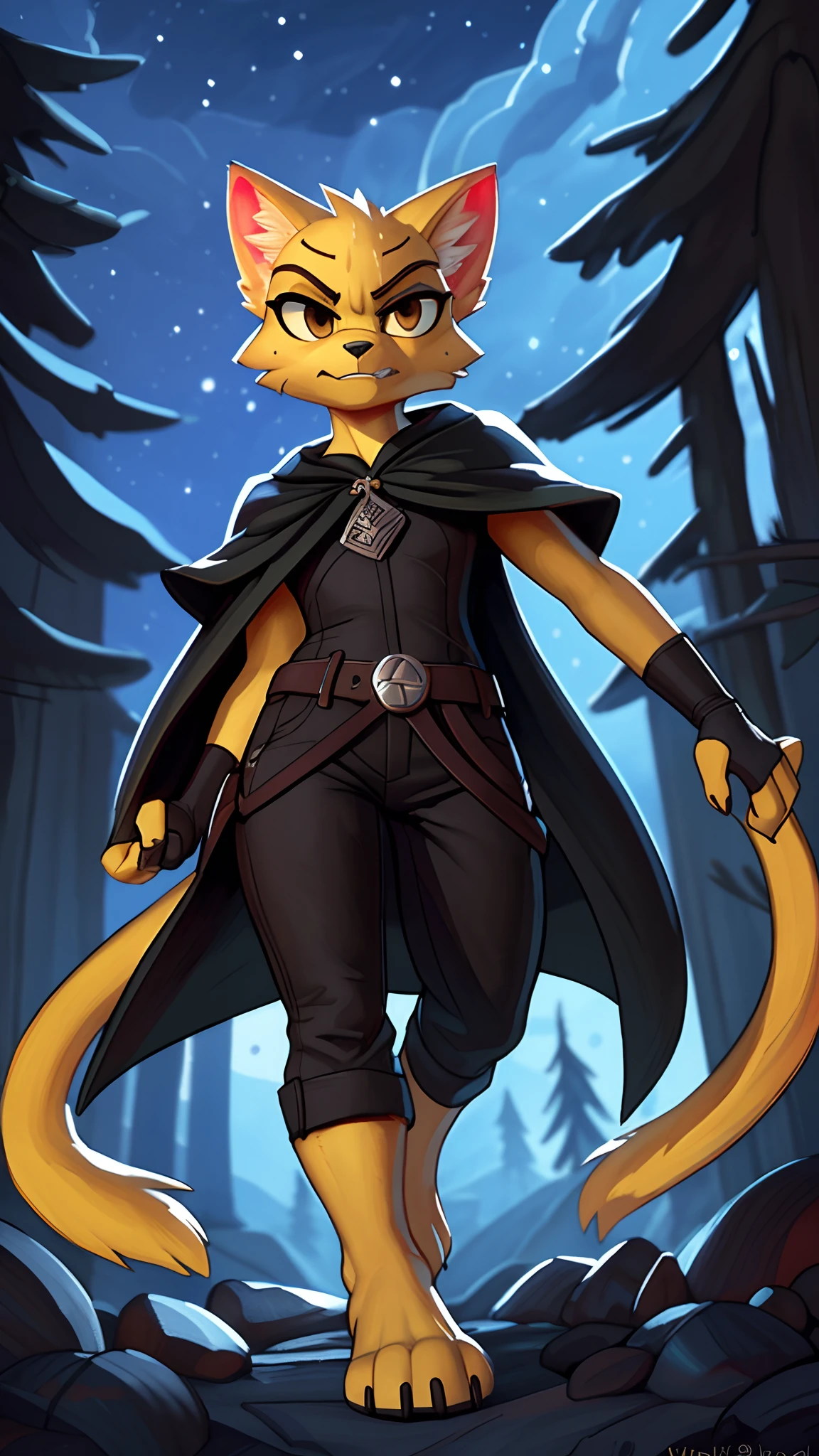 [katia managan], [Uploaded to e621.net; (Pixelsketcher), (wamudraws)], [(Uploaded to twitter.com); (@senip)], ((masterpiece)), ((HD)), ((solo portrait)), ((full body)), ((front view)), ((furry; anthro)), ((detailed fur)), ((detailed soft shading)), ((cinematic lighting)), ((beautiful render art)), {anthro; (slim figure), yellow fur, black nose, (long yellow cat tail), (cute dark brown eyes), (beautiful feet), (black claws), (sweating), (angry), (smug grin)}, {(black tunic), (black pants), (short green cape), (black fingerless gloves))}, {(dynamic pose), (looking ahead)}, [background; (woods), (spruce trees), (starry sky), (ambient lighting)}