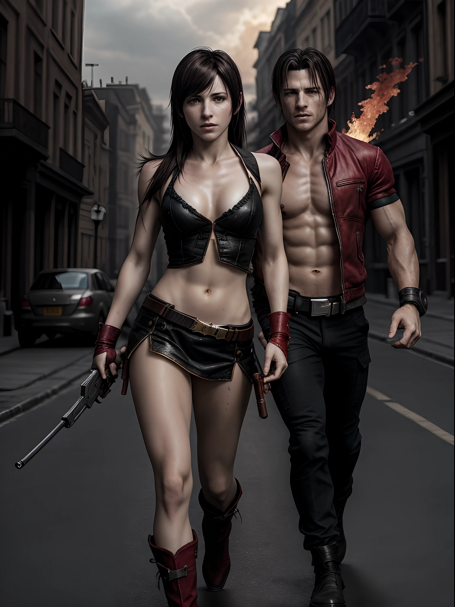 (Masterpiece), realistic, Photorealistic, best quality, ultra high res, Tifa Lockhart running on the street and shooting, her hand holding a big revolver, wear cloth, action movie picture style, main color is red and white and black, dynamic movement, dynamic pose, fire, explosions, flying fragments, Amazing cinematic composition, diorama, intricate detail, solo, dress, floating hair