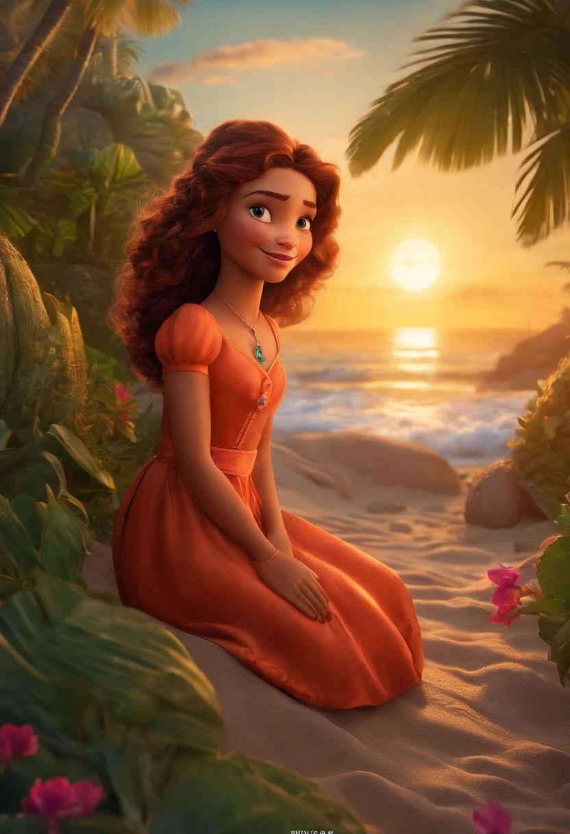 Uma mulher estilo disney pixar, viajando na praia, alta qualidade, melhor qualidade