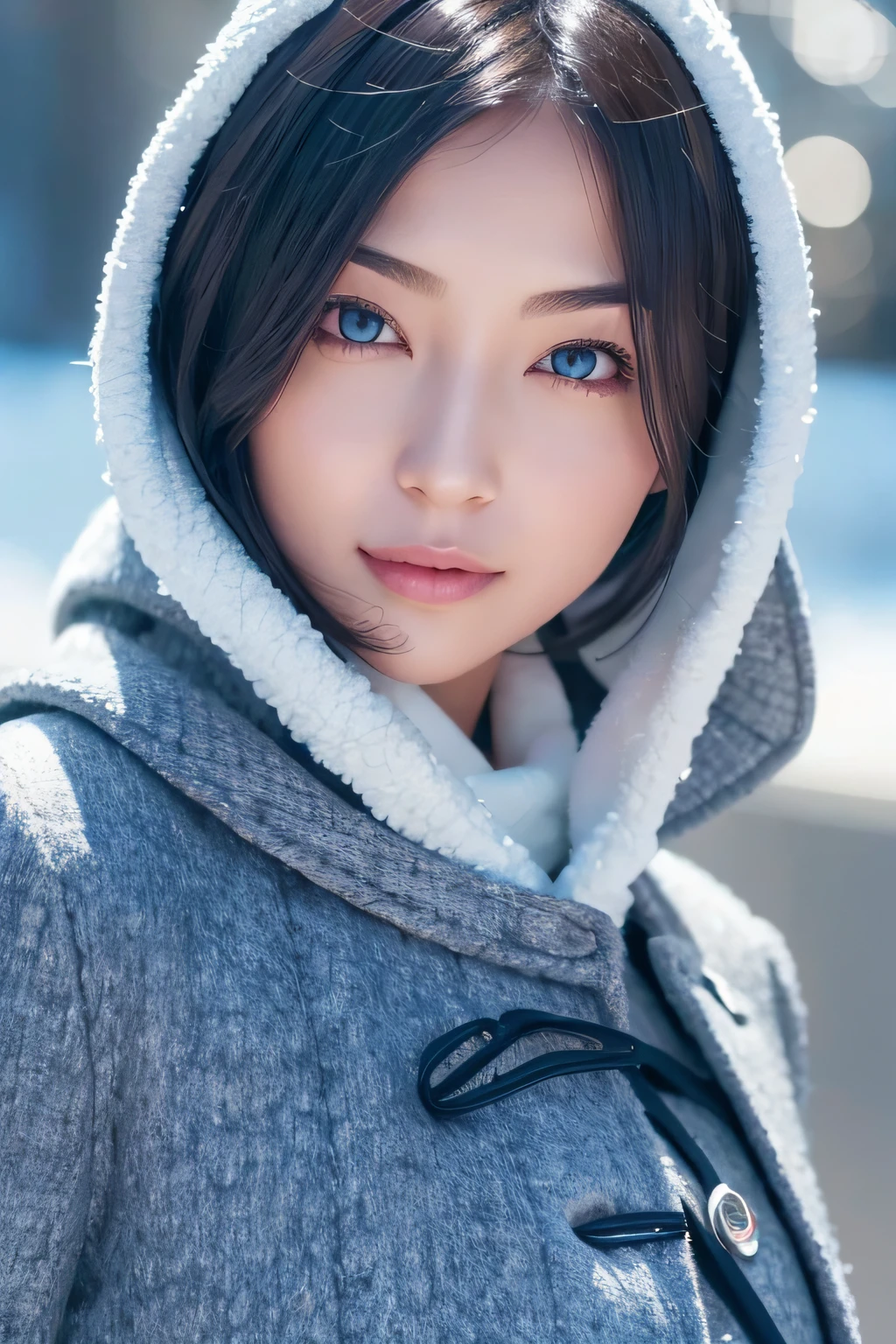 Winters，Snowy landscape，lacepantyhose，((Duffel coat))、depth of fields，Real Light，Ray traching，OC Renderer，UE5 Renderer，Hyper-realistic，best qualtiy，8K，Works of masters，super-fine，Correct anatomy、(Best Quality, 4K, masutepiece: 1.3), Beautuful Women、Hyper-realistic, 1girl in,hyperdetailed face,Detailed eyes,二重まぶた, (Beautiful detailed lips),Sexy face,Women of Alafe,25-years old、