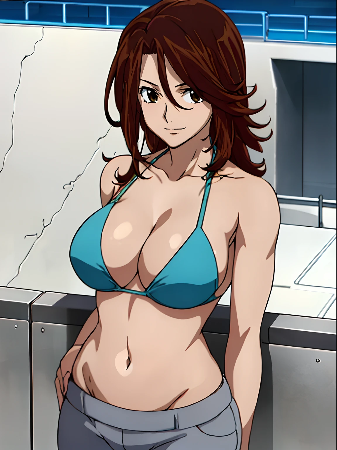 Elegant lady, very close view, anime style: 1.8, anime drawing, ultra detailed face, ultra detailed body, 4k, Sumergai Lee Noriega, ((standing on wrestling arena)), best quality, anime style, hires, highest definition, digital blending, bold drawing lines, (only WHITE background), ( slim body, (little biceps), , off-shoulders, closed fists, (curvy: 2.8)), ((bikini top and bottom with trousers))), gentle, (pale skin, shiny skin, very big breasts, smile), (big eyes, brown eyes), (brown hair, loose hair), 27 years old,