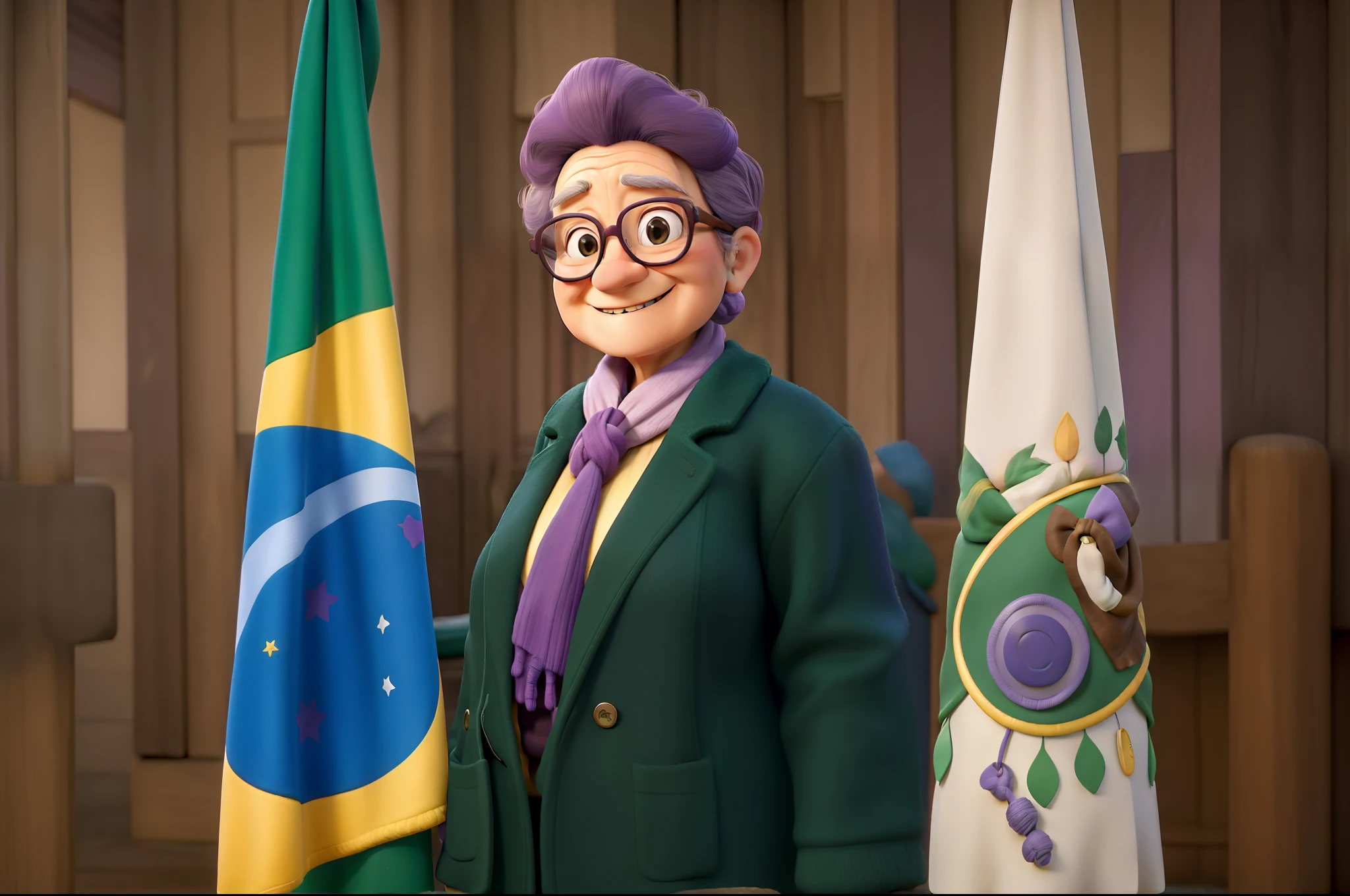masterpiece, best quality, an old woman with glasses and a scarf on, wearing a purple coat and green scarf, standing at the park